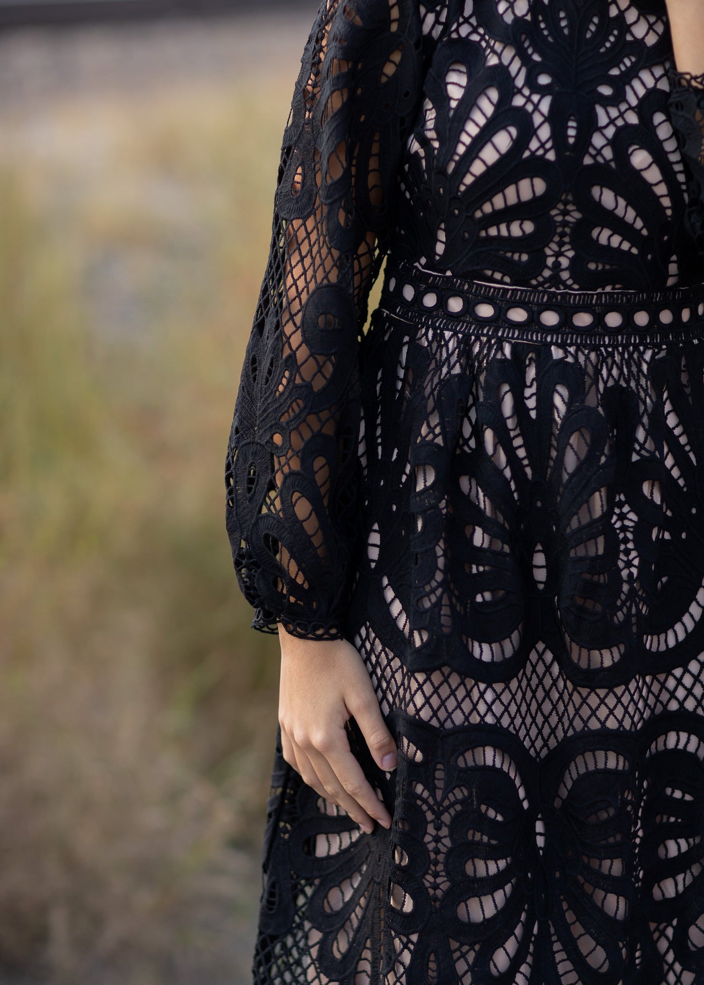 Black Lace Long Sleeve Midi Dress Dresses