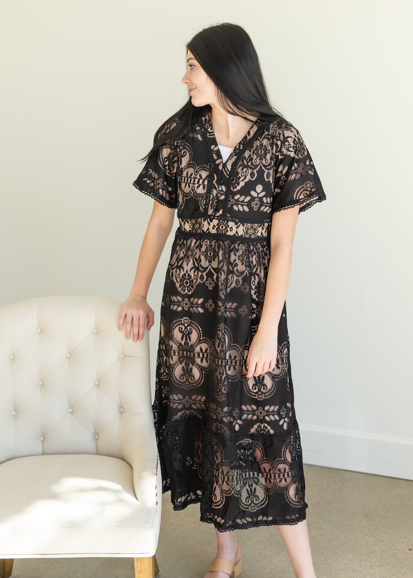 Black Lace Overlay Midi Dress Dresses Polagram