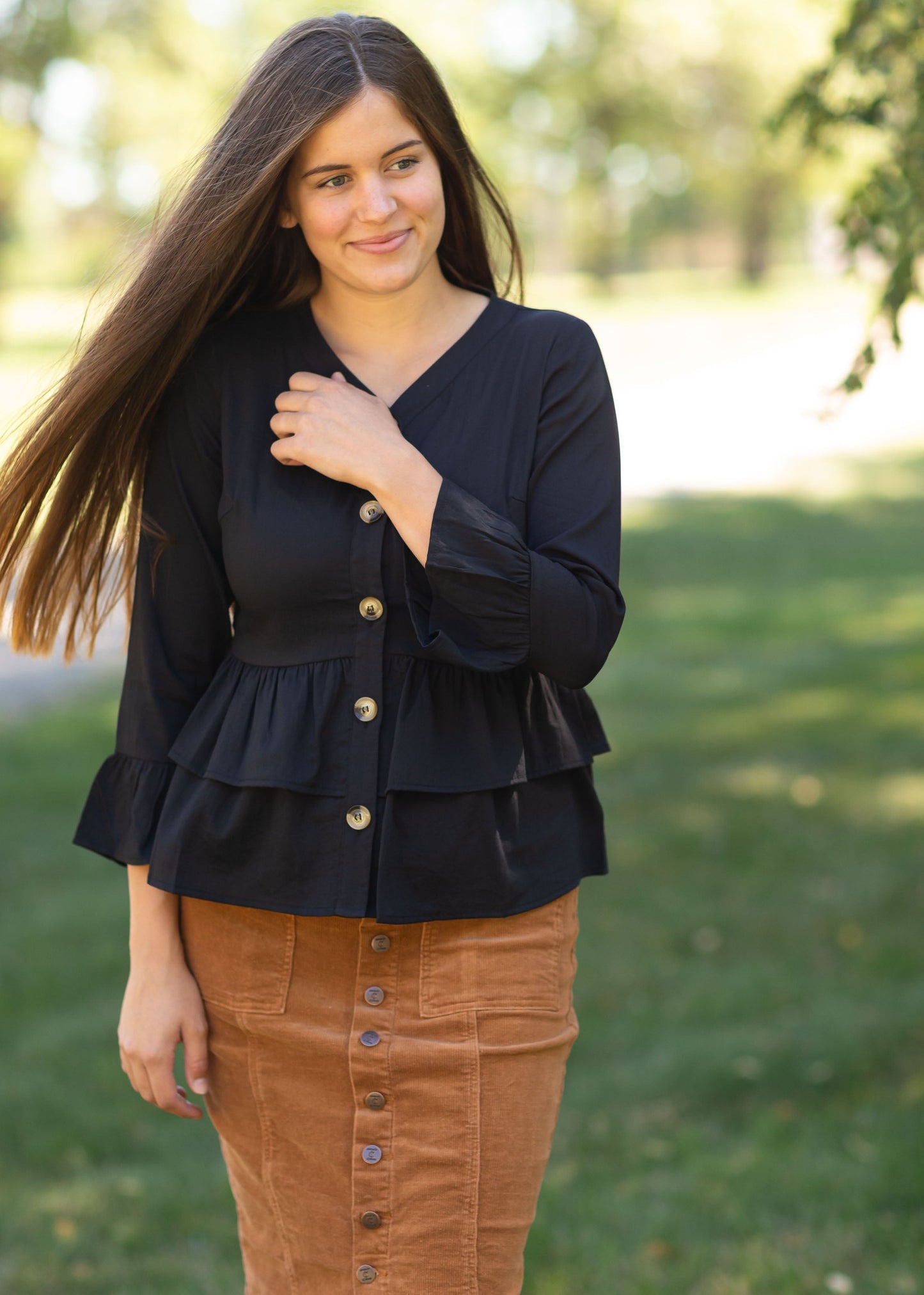Black Miriam Button Front Peplum Top Tops