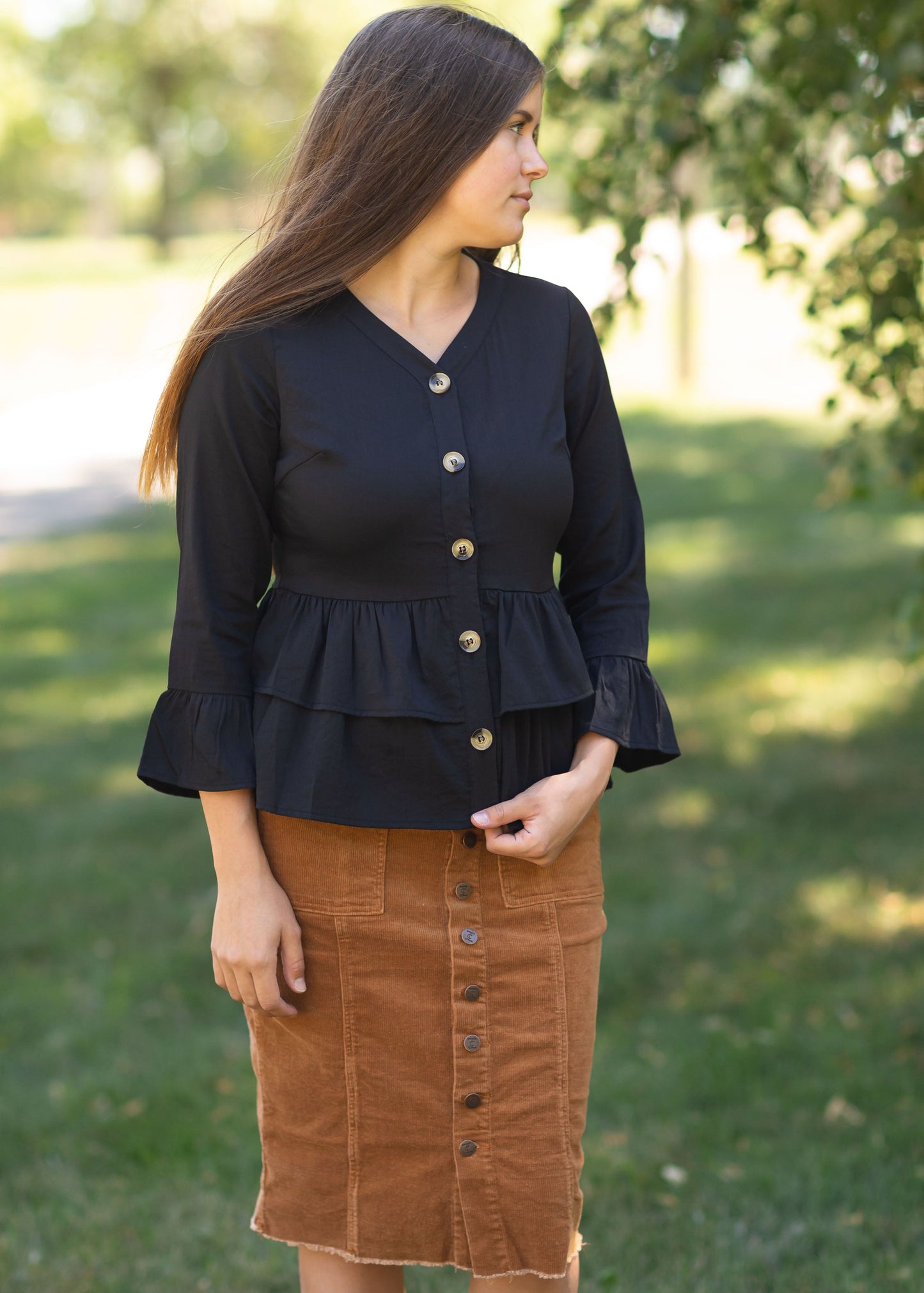 Black Miriam Button Front Peplum Top Tops Black / XS