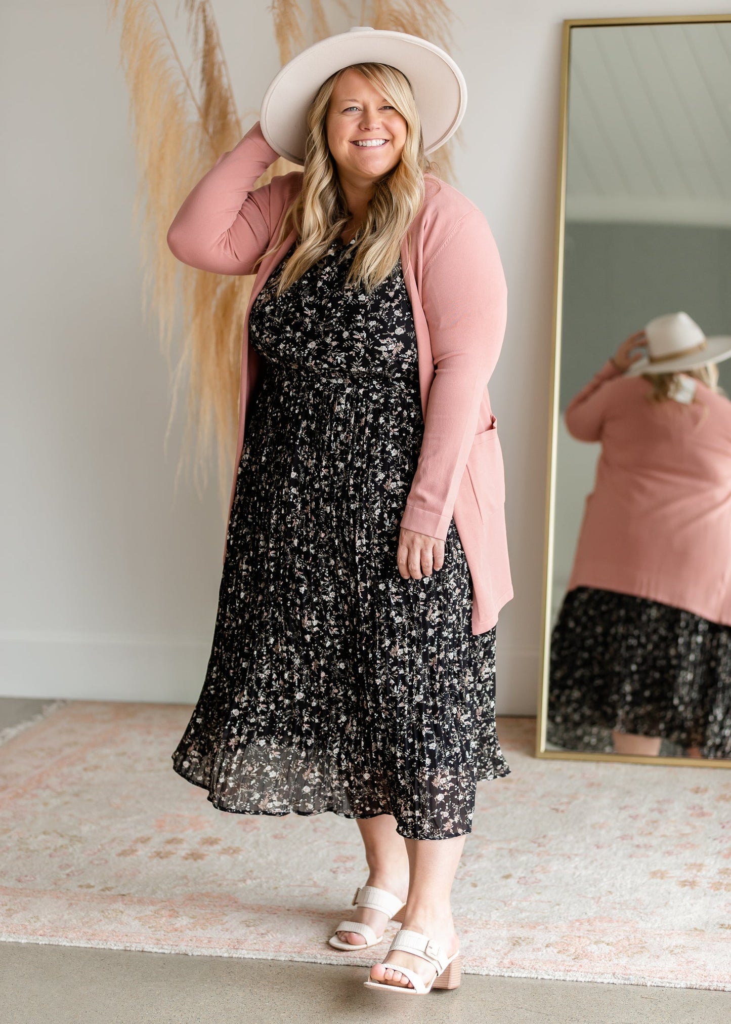 Black Pleated Ditsy Print Midi Dress Dresses Hayden