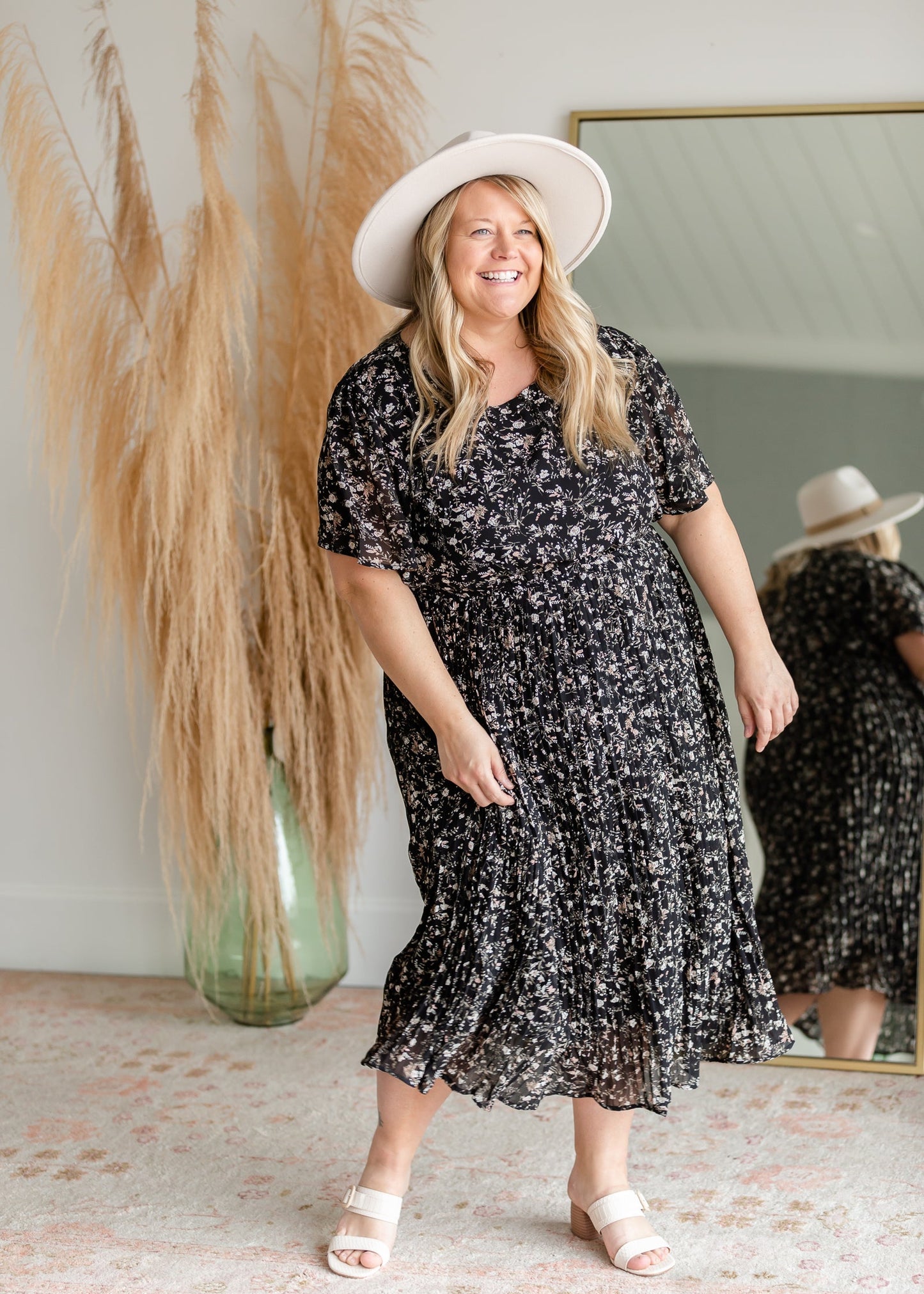 Black Pleated Ditsy Print Midi Dress Dresses Hayden