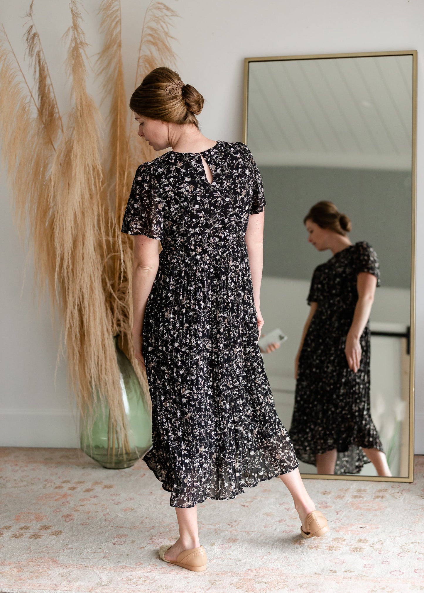 Black Pleated Ditsy Print Midi Dress Dresses Hayden