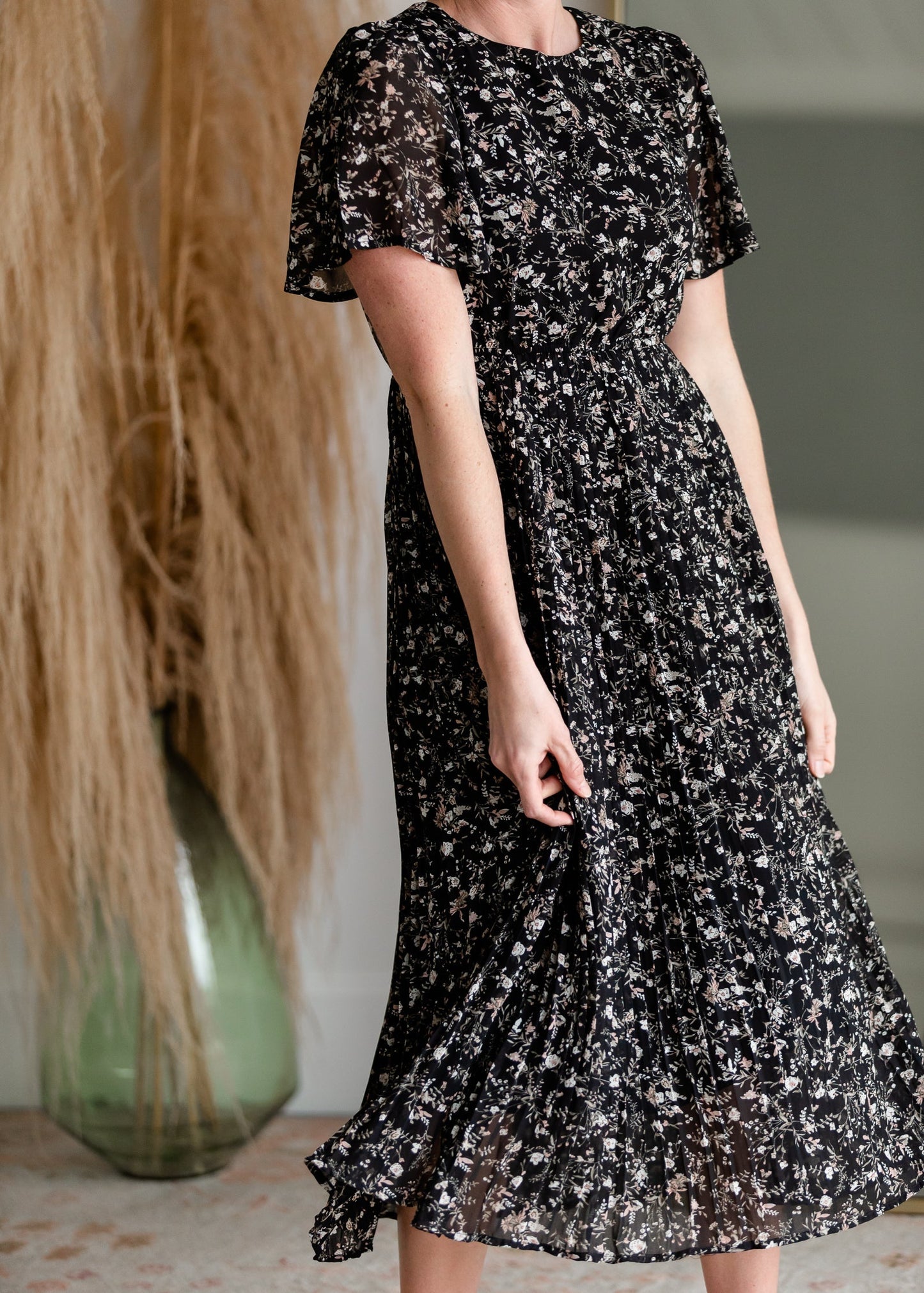 Black Pleated Ditsy Print Midi Dress Dresses Hayden