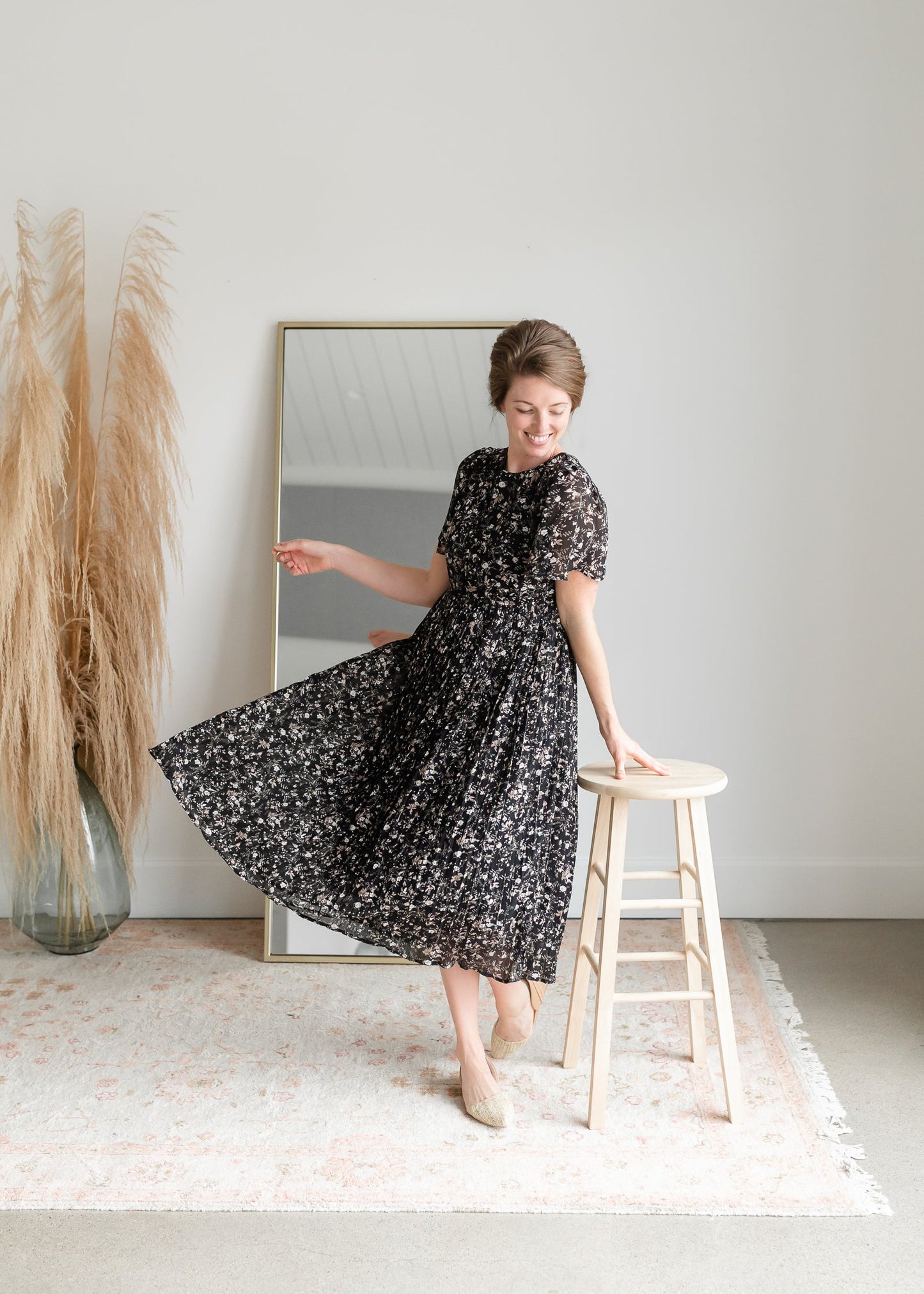 Black Pleated Ditsy Print Midi Dress Dresses Hayden