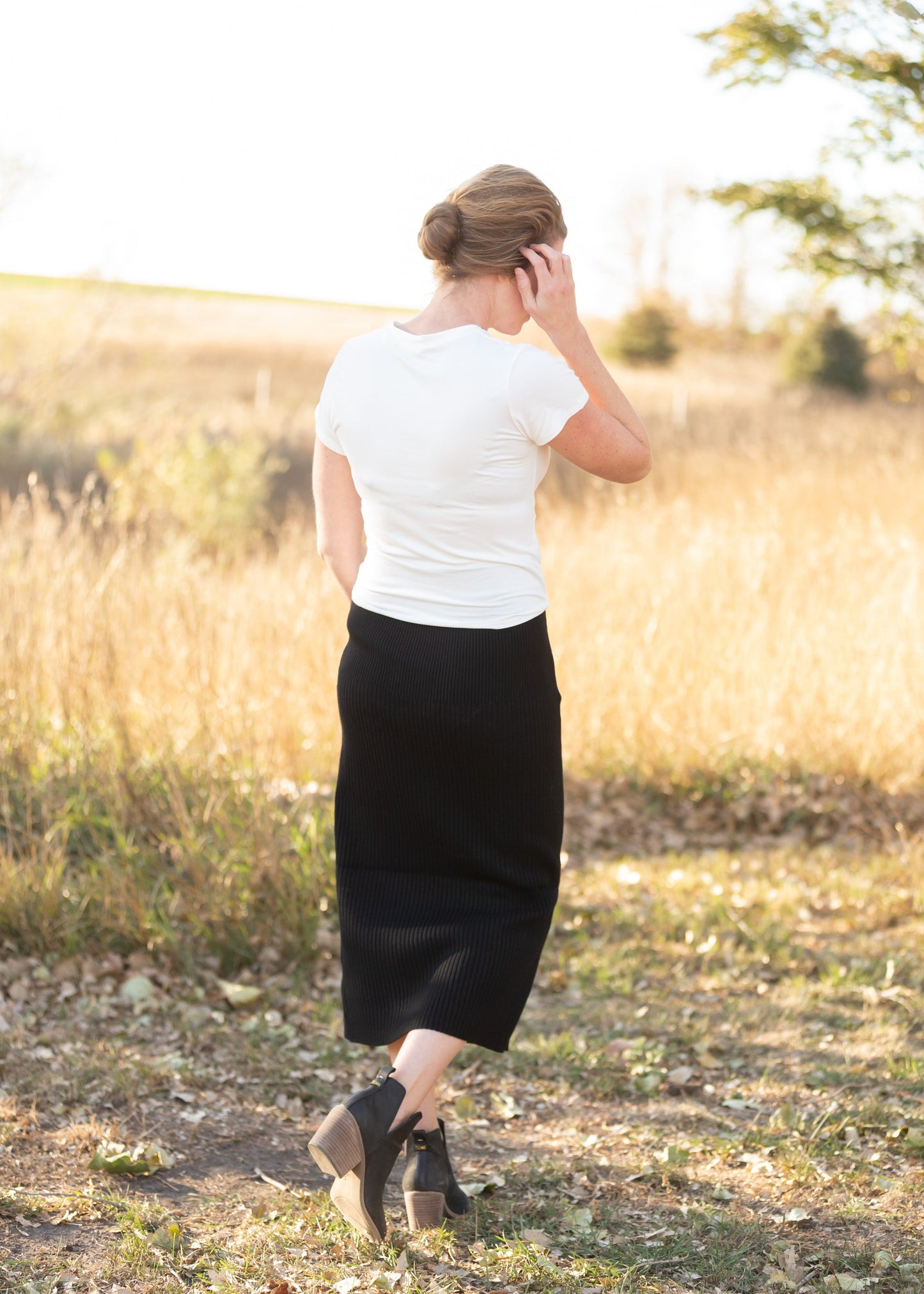 Black Ribbed Knit Sweater Midi Skirt Skirts