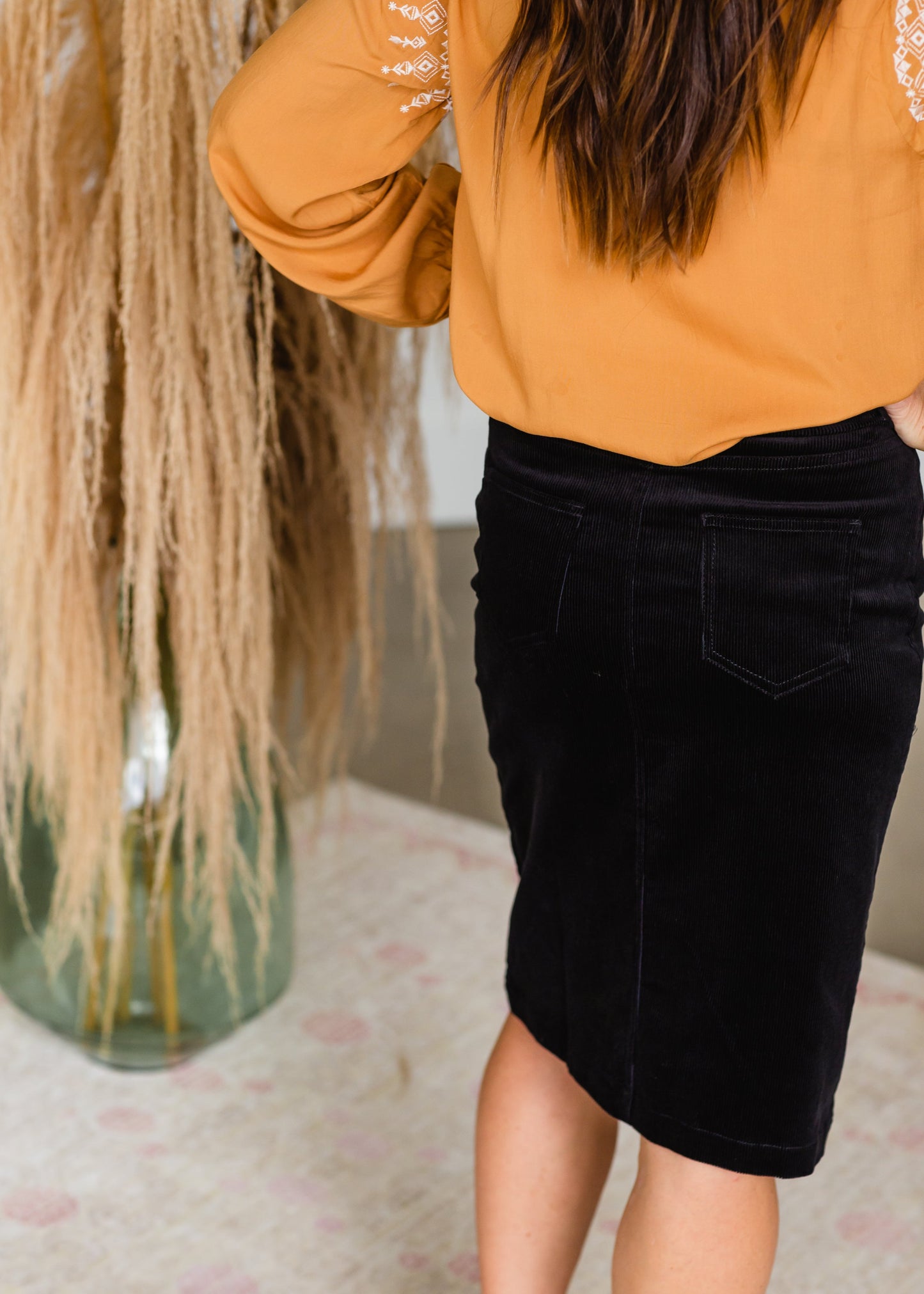 Black Tie Waist Corduroy Midi Skirt Skirts