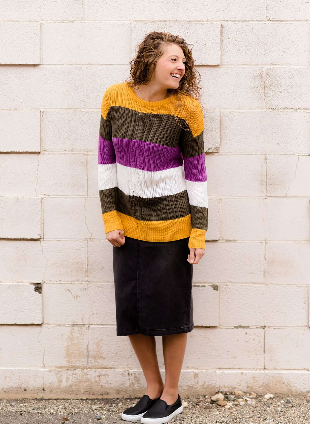 Women's Modest Boat-neck Sweater in Mustard, Olive and Purple stripe