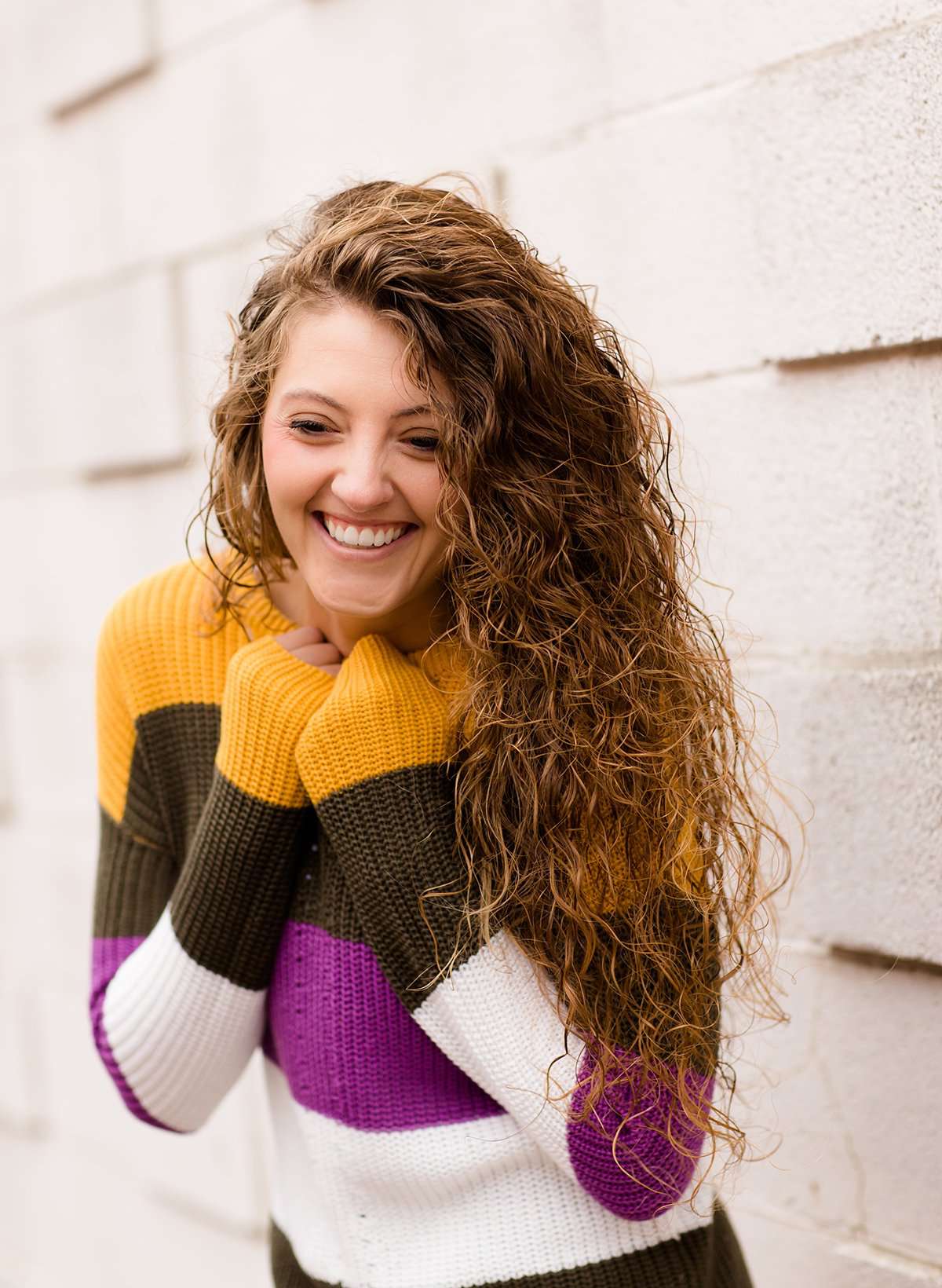 Women's Modest Boat-neck Sweater in Mustard, Olive and Purple stripe