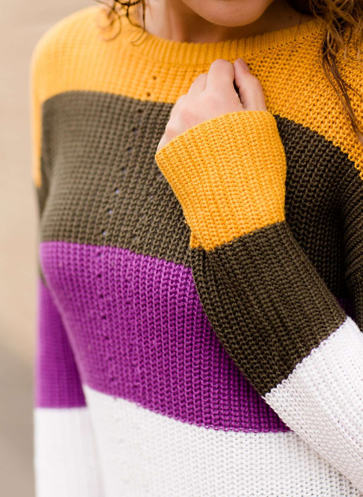 Women's Modest Boat-neck Sweater in Mustard, Olive and Purple stripe