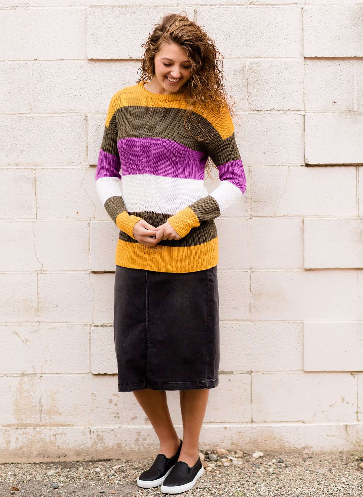 Women's Modest Boat-neck Sweater in Mustard, Olive and Purple stripe