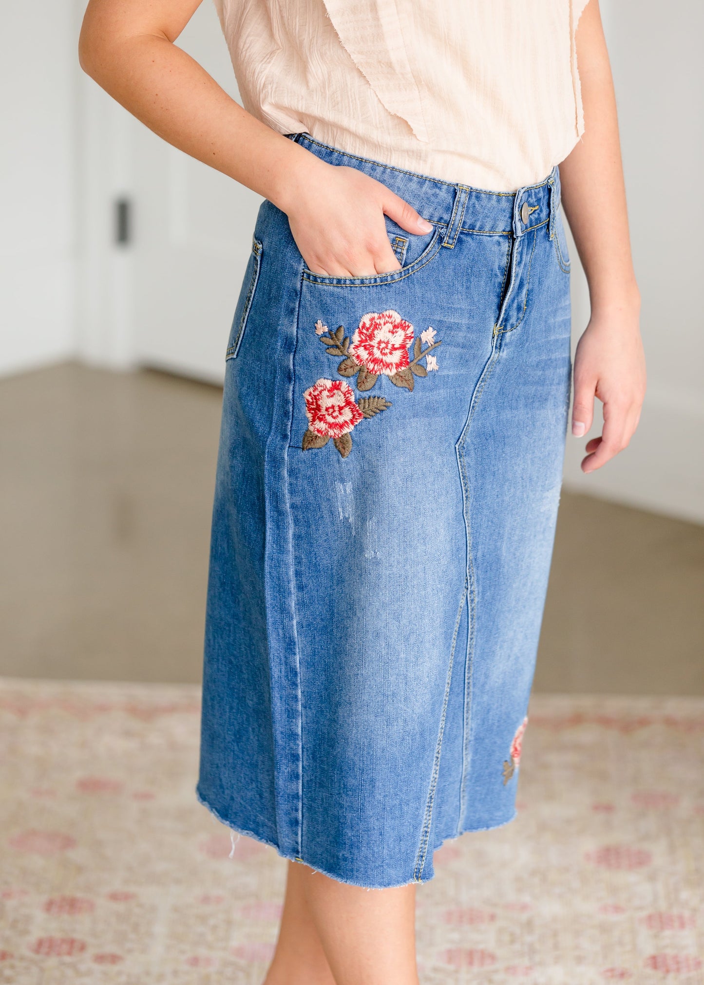 Blossom Embroidered Distressed Midi Denim Skirt - FINAL SALE Skirts