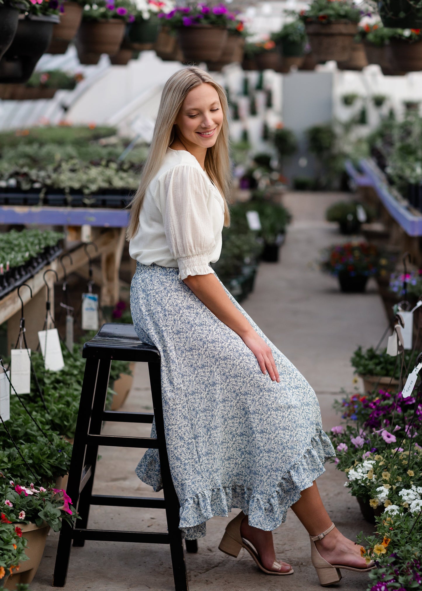 Blue Ruffle Hem Ditsy Print Midi Skirt Skirts Hayden