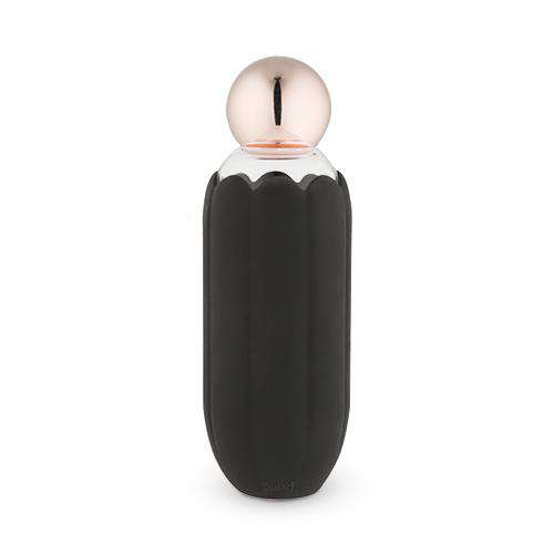 Glass water bottle in a black silicone sleeve. The top screws off and is rose gold in color.