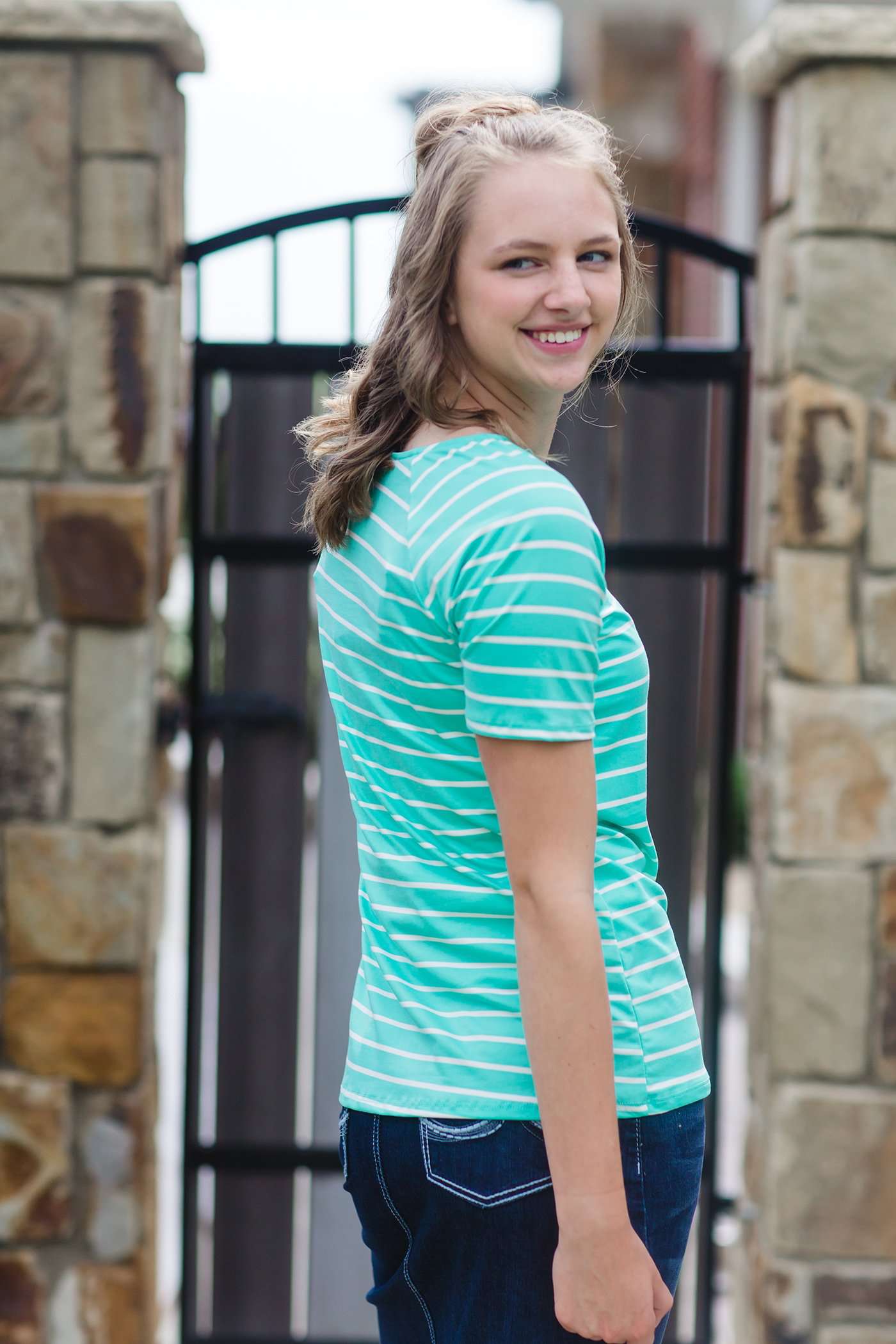 Modest boat-neck and raglan sleeve tee in mauve or teal with white horizontal stripes.