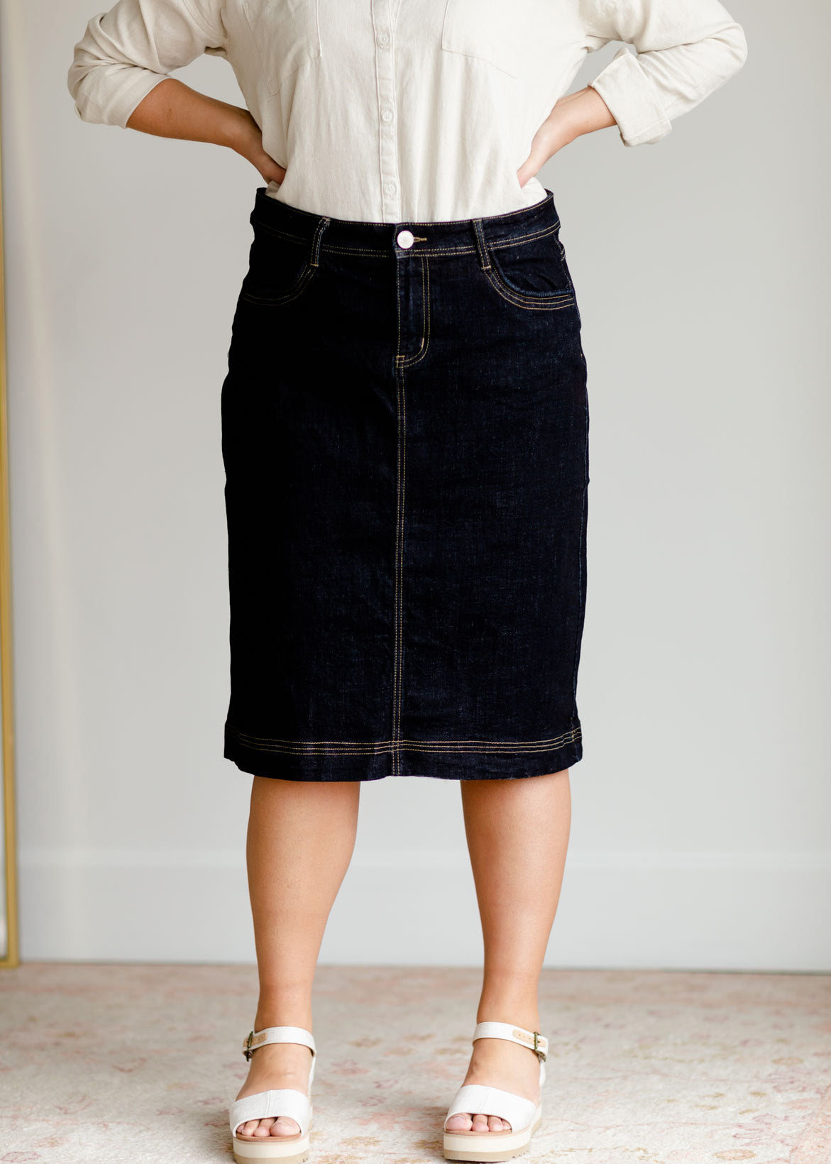 Breeann Dark Wash Denim Midi Skirt Inherit Co.