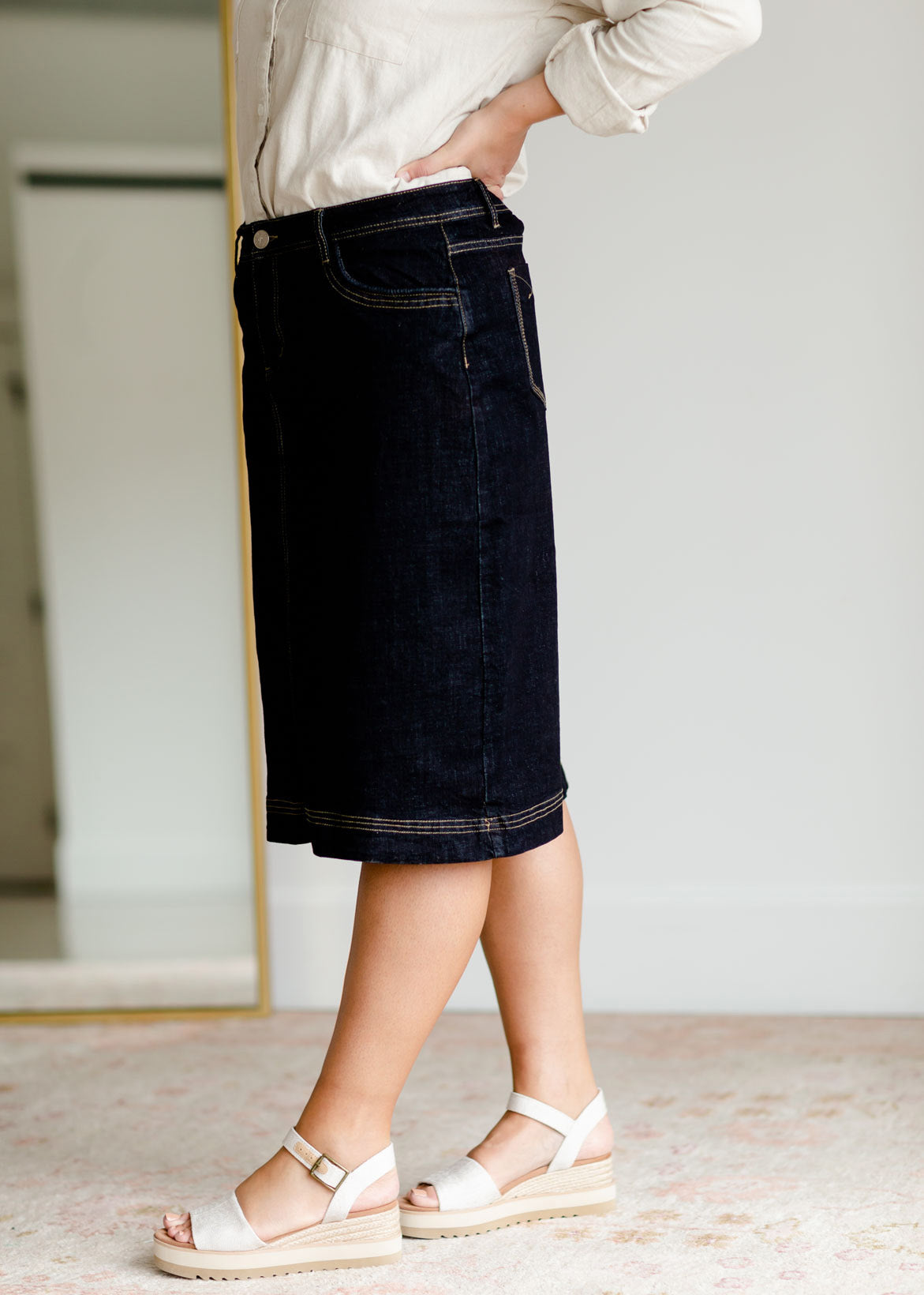 Breeann Dark Wash Denim Midi Skirt Inherit Co.