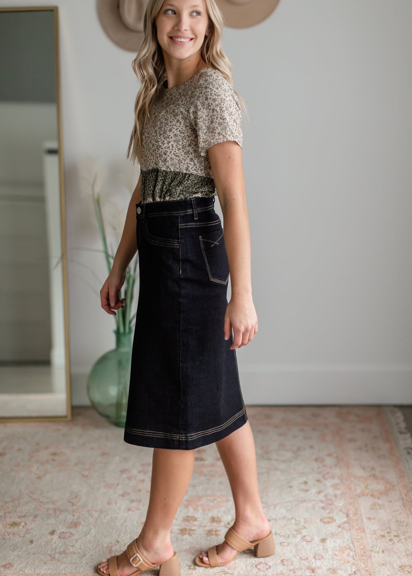 Breeann Dark Wash Denim Midi Skirt Inherit Co.