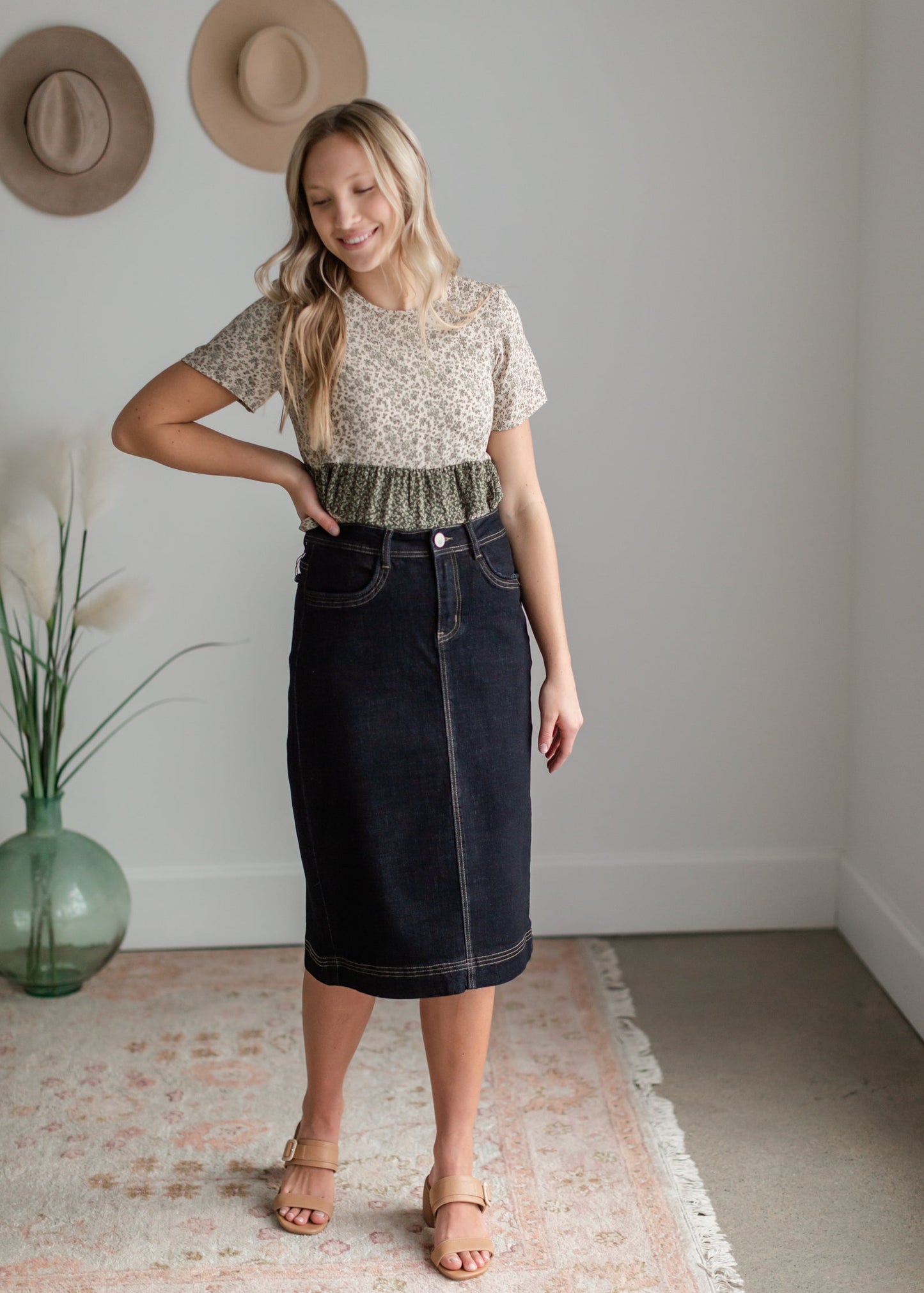 Breeann Dark Wash Denim Midi Skirt Inherit Co.