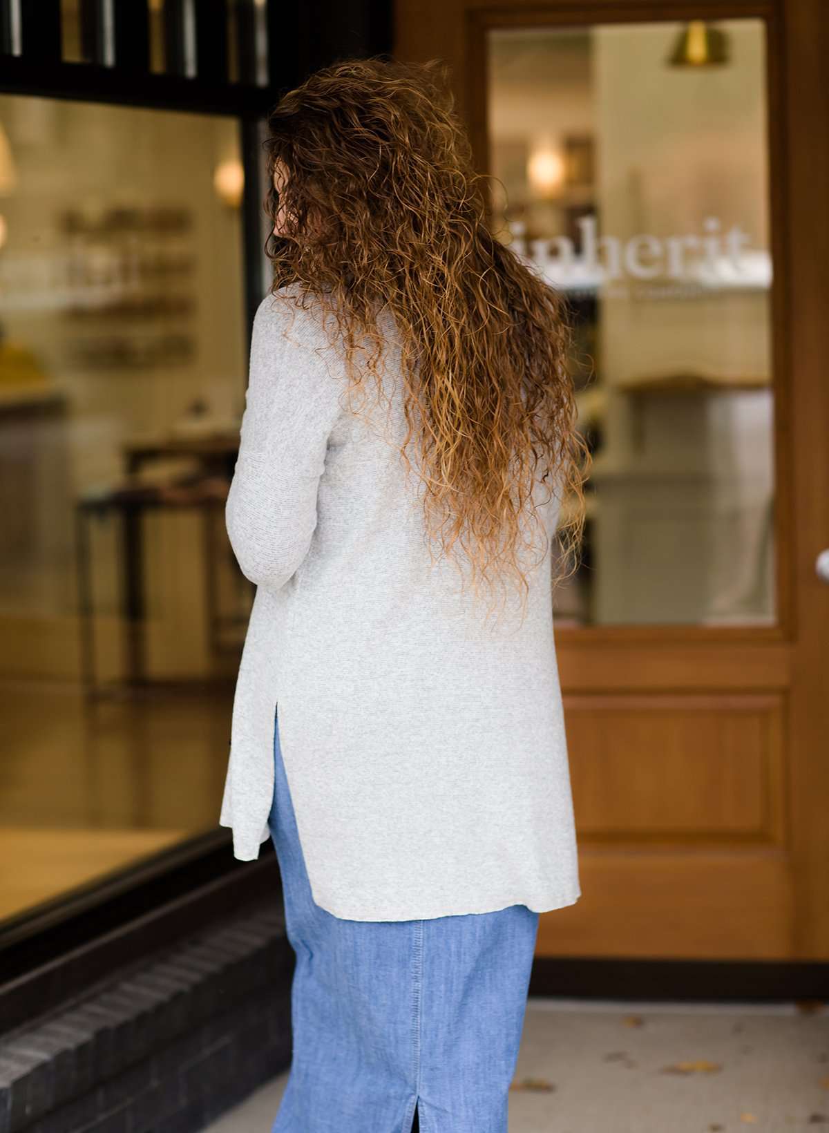 Women's modest hacci brushed gray cardigan with pocket