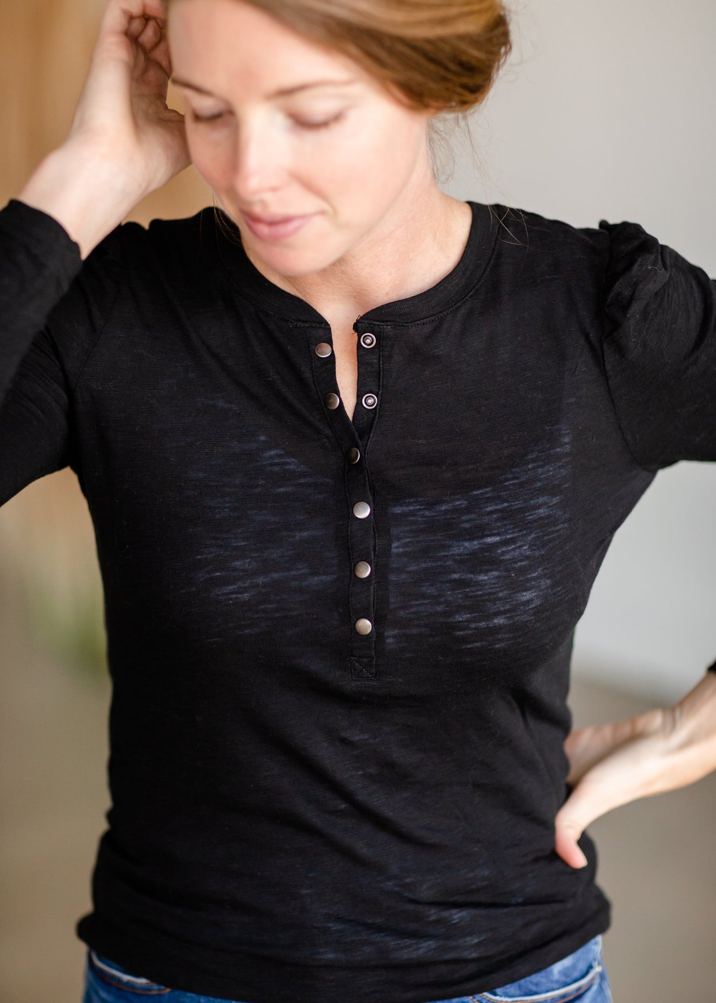 Brushed Slub Henley Puff Shoulder Long Sleeve Top Tops Z Supply