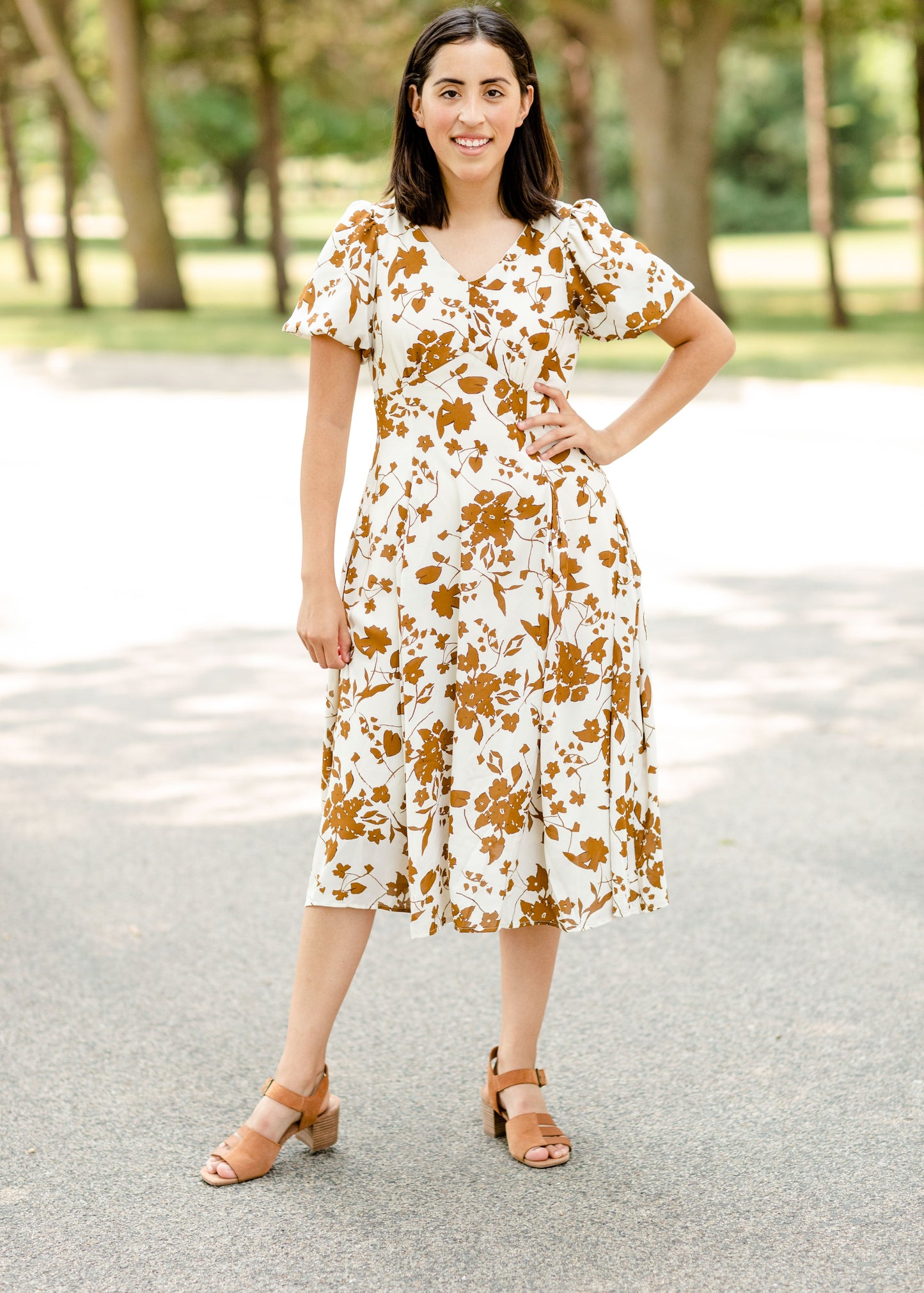 Bubble Sleeve V-Neck Midi Dress-FINAL SALE Dresses