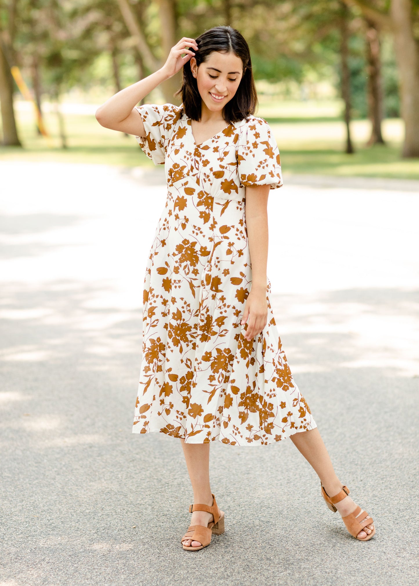 Bubble Sleeve V-Neck Midi Dress-FINAL SALE Dresses