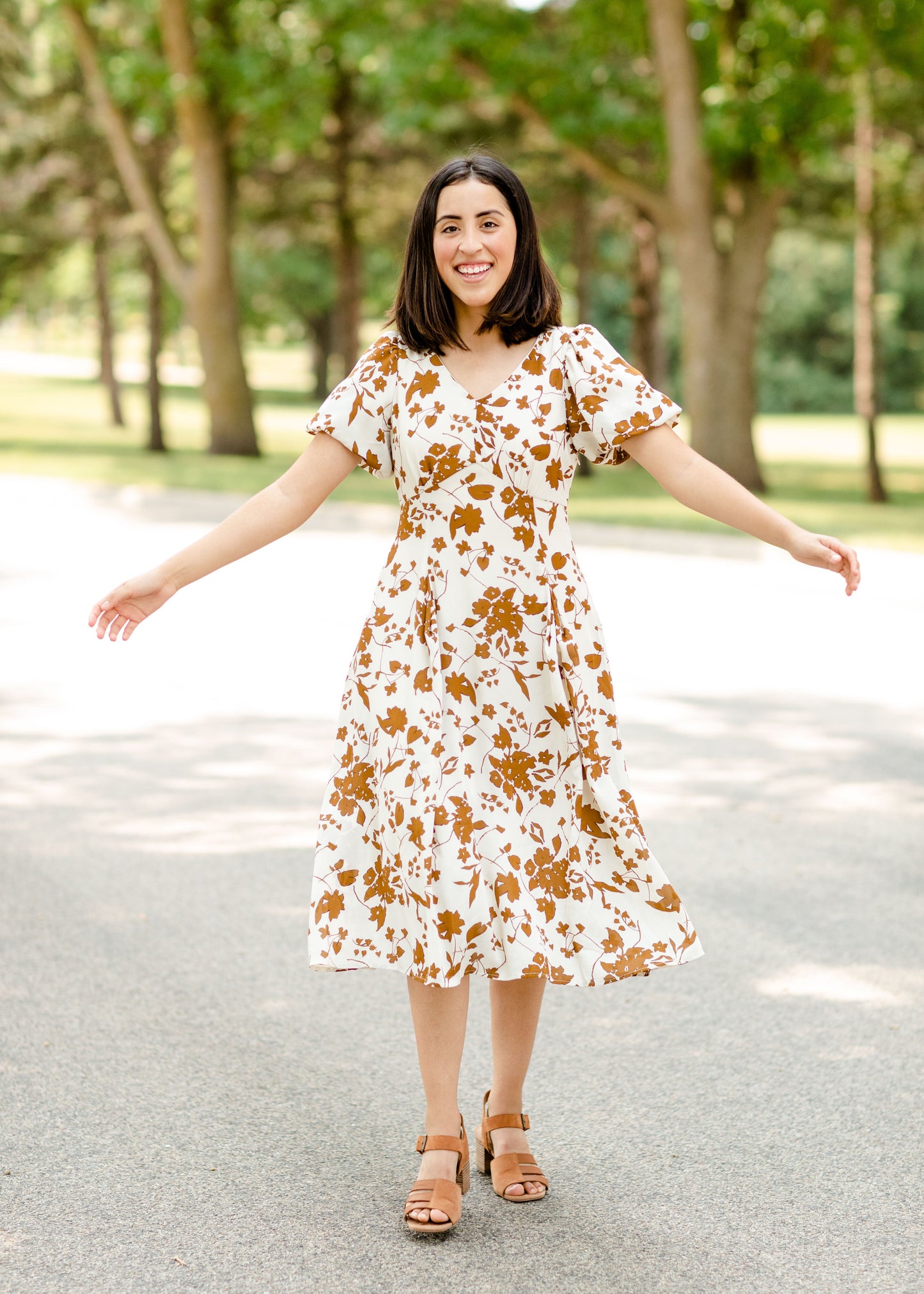 Bubble Sleeve V-Neck Midi Dress-FINAL SALE Dresses