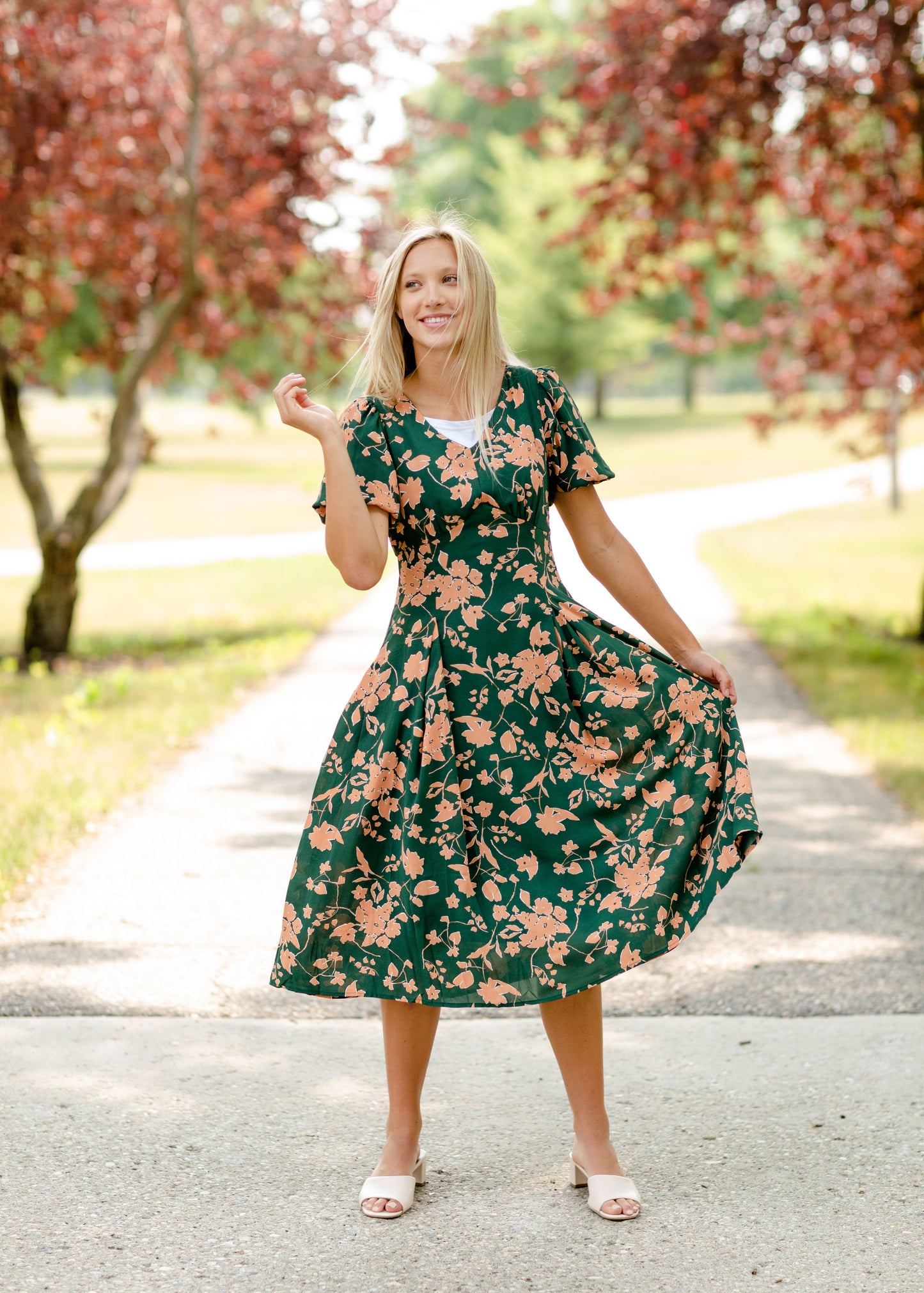 Bubble Sleeve V-Neck Midi Dress-FINAL SALE Dresses