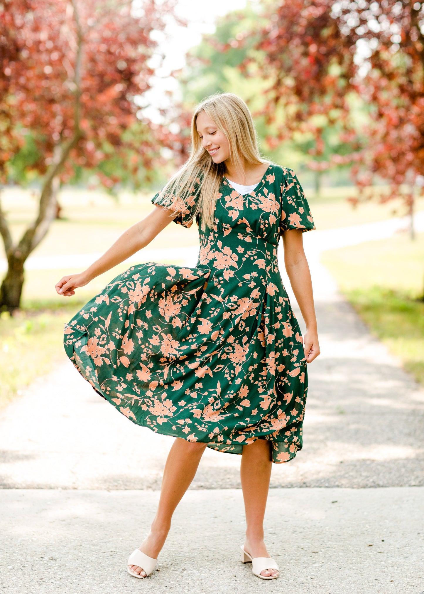 Bubble Sleeve V-Neck Midi Dress-FINAL SALE Dresses
