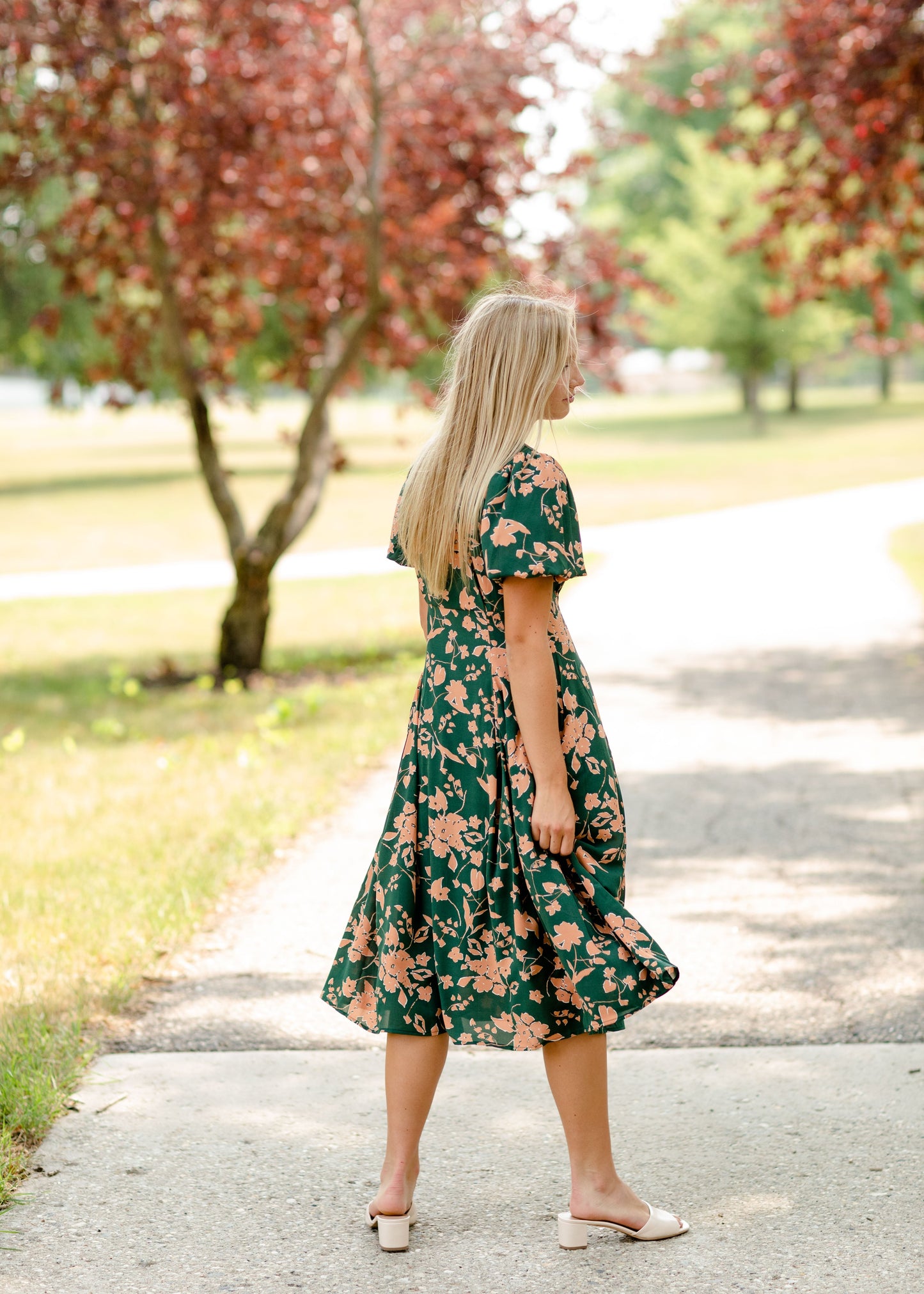 Bubble Sleeve V-Neck Midi Dress-FINAL SALE Dresses