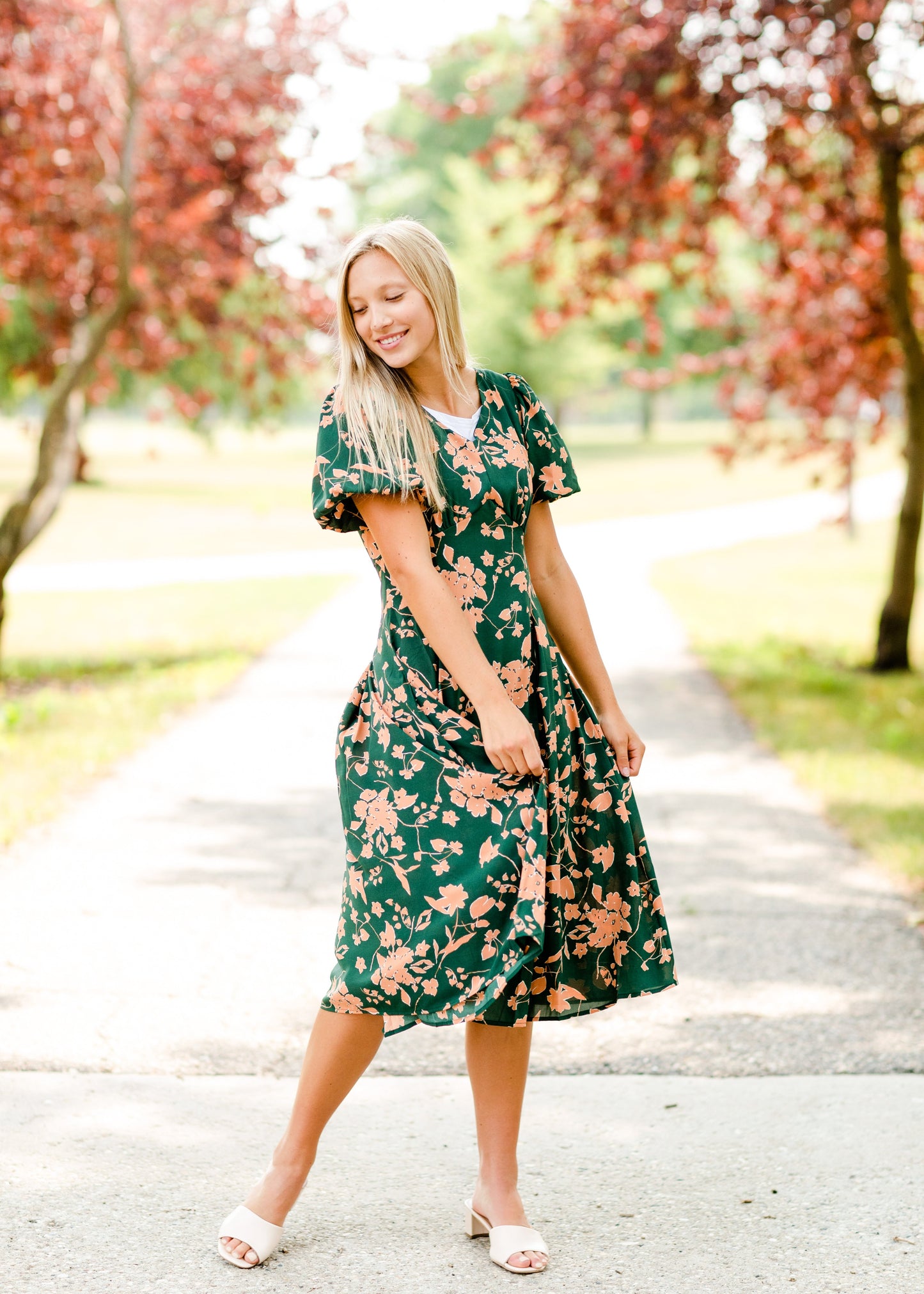 Bubble Sleeve V-Neck Midi Dress-FINAL SALE Dresses