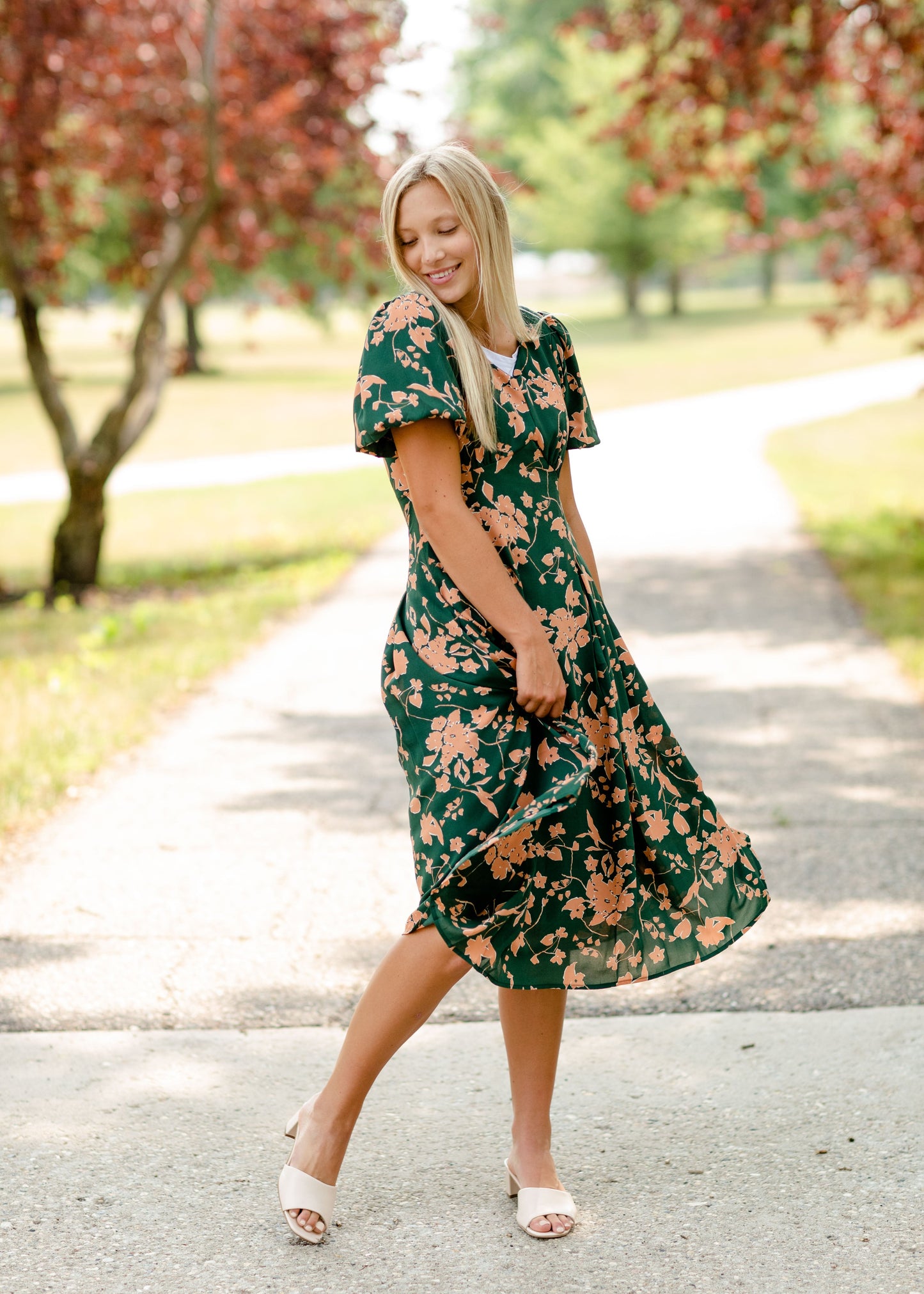 Bubble Sleeve V-Neck Midi Dress-FINAL SALE Dresses