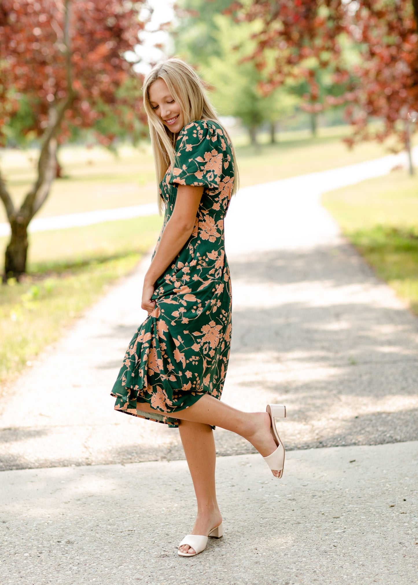 Bubble Sleeve V-Neck Midi Dress-FINAL SALE Dresses