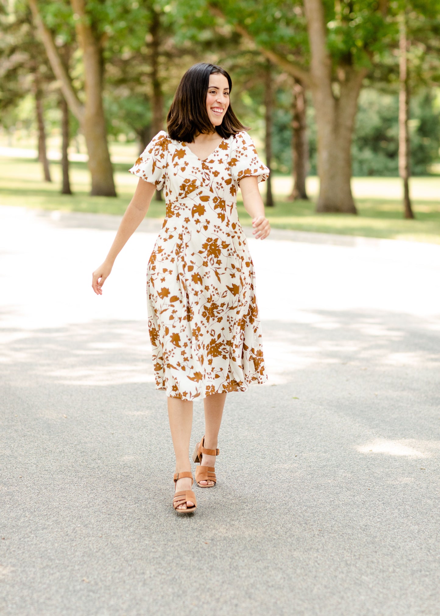 Bubble Sleeve V-Neck Midi Dress-FINAL SALE Dresses