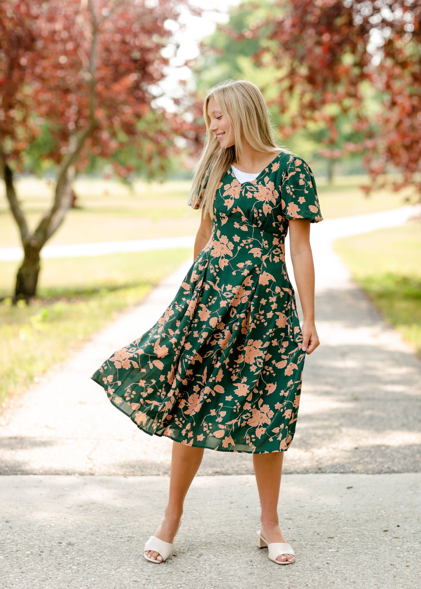 Bubble Sleeve V-Neck Midi Dress-FINAL SALE Dresses