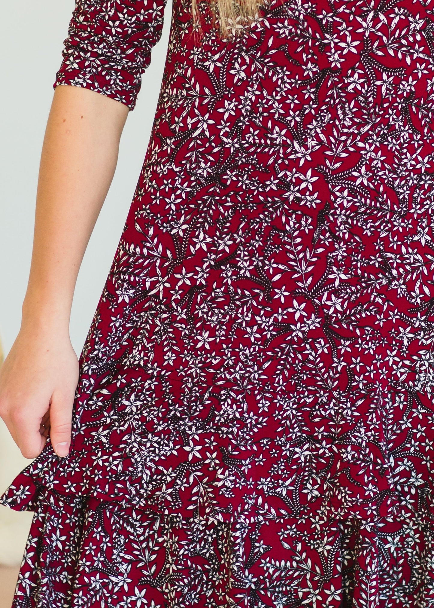 Burgundy Printed Ruffle Midi Dress - FINAL SALE Dresses