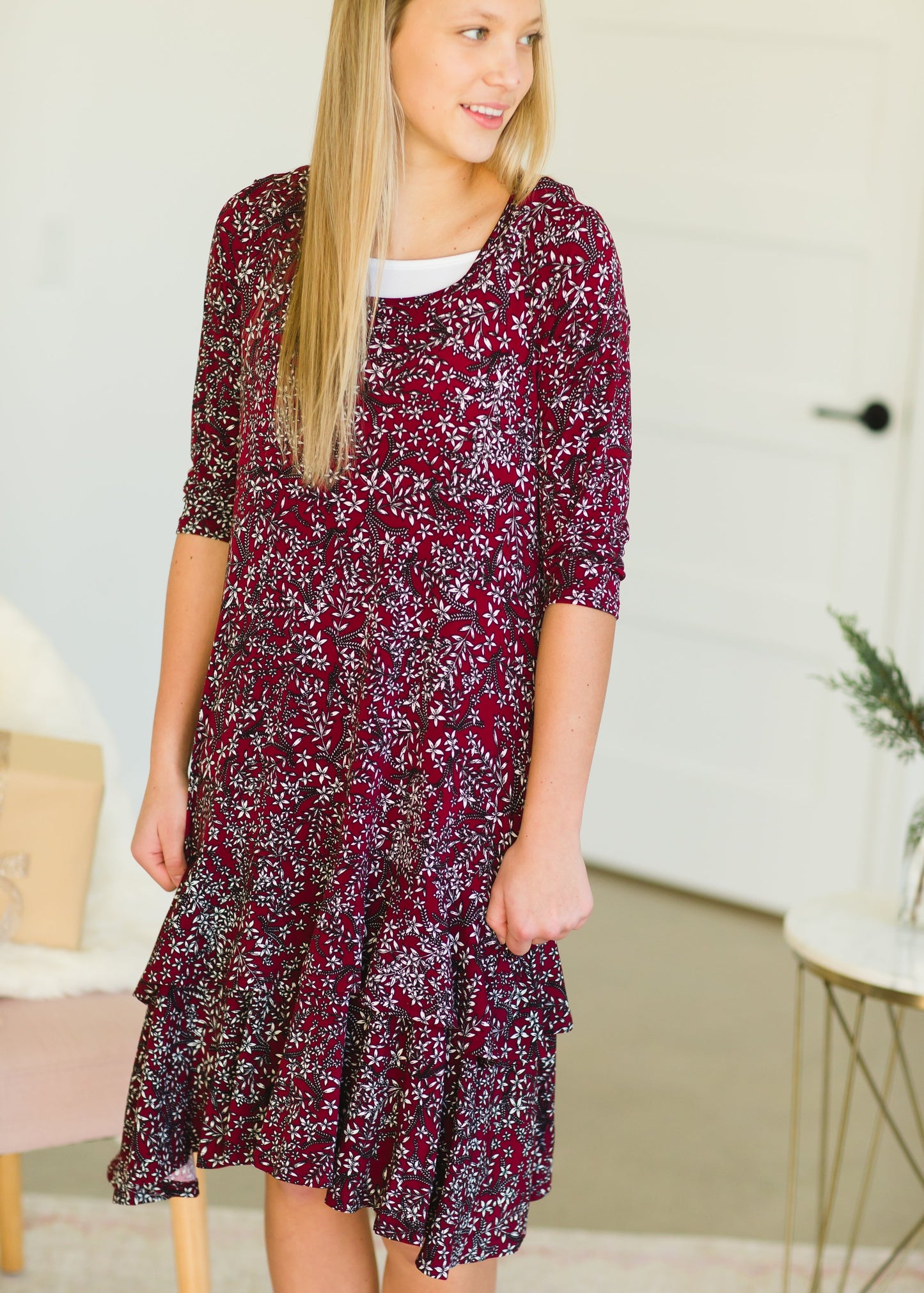 Burgundy Printed Ruffle Midi Dress - FINAL SALE Dresses