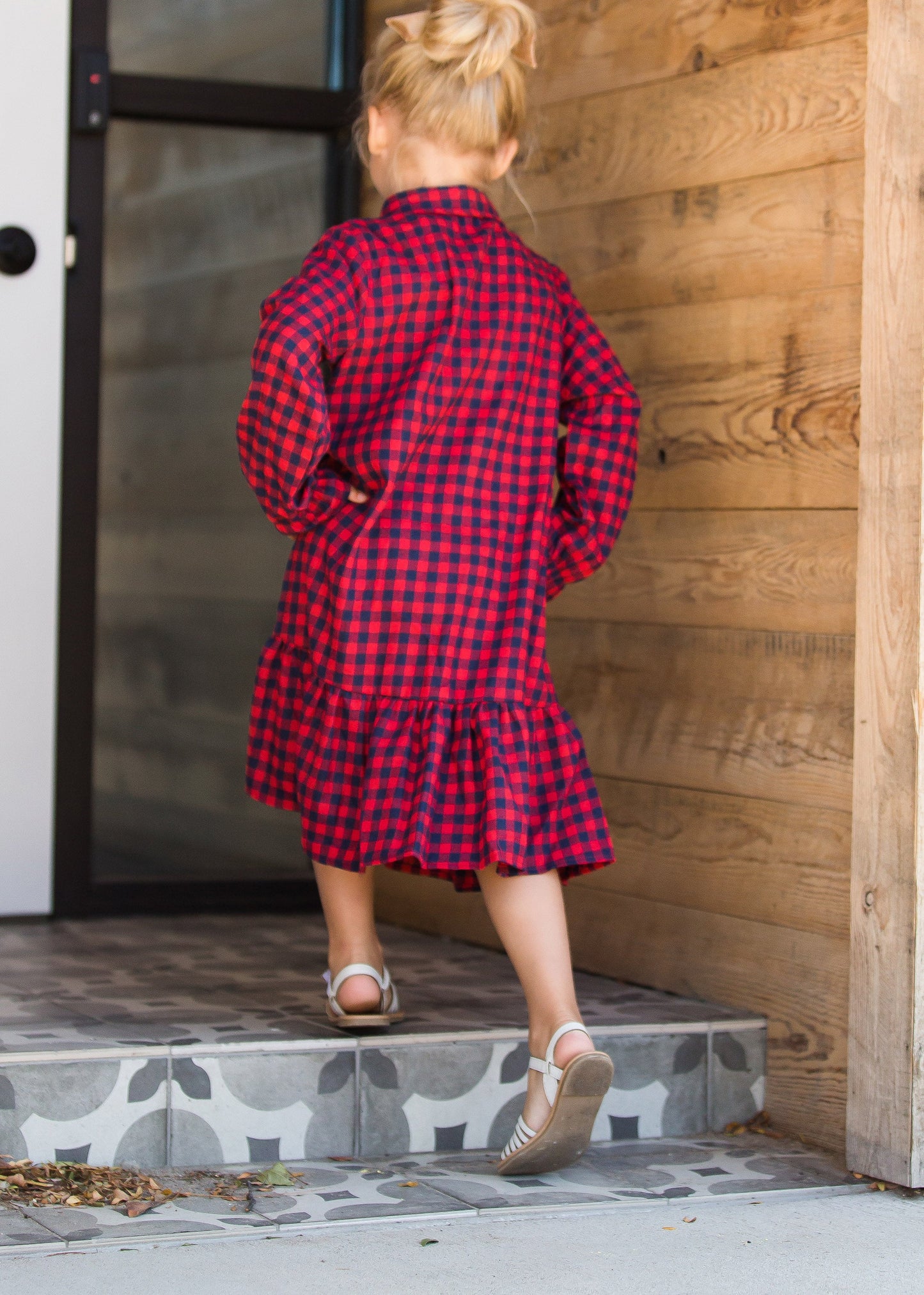 Girls black and red checkered ruffle detail midi dress