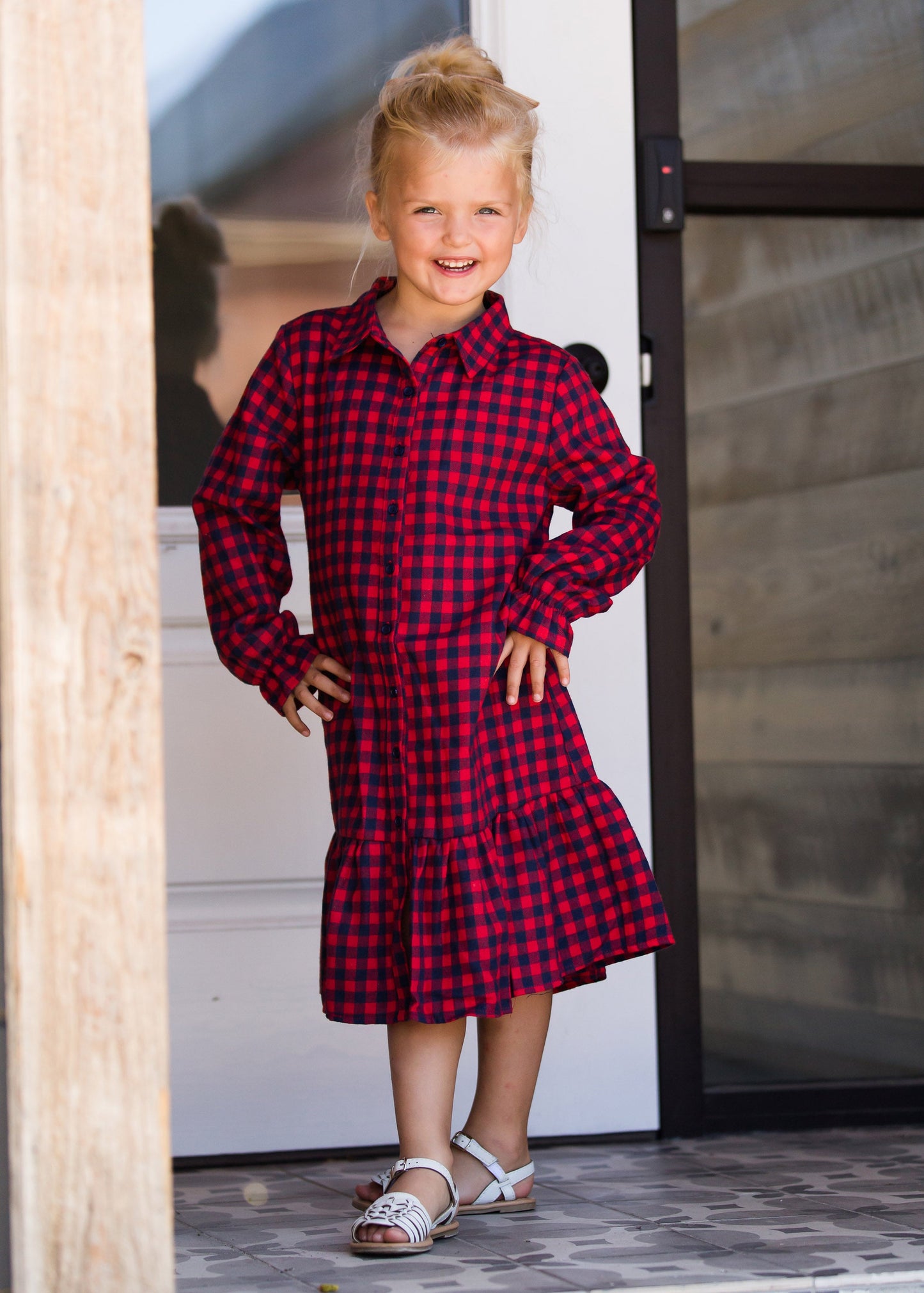 Girls black and red checkered ruffle detail midi dress