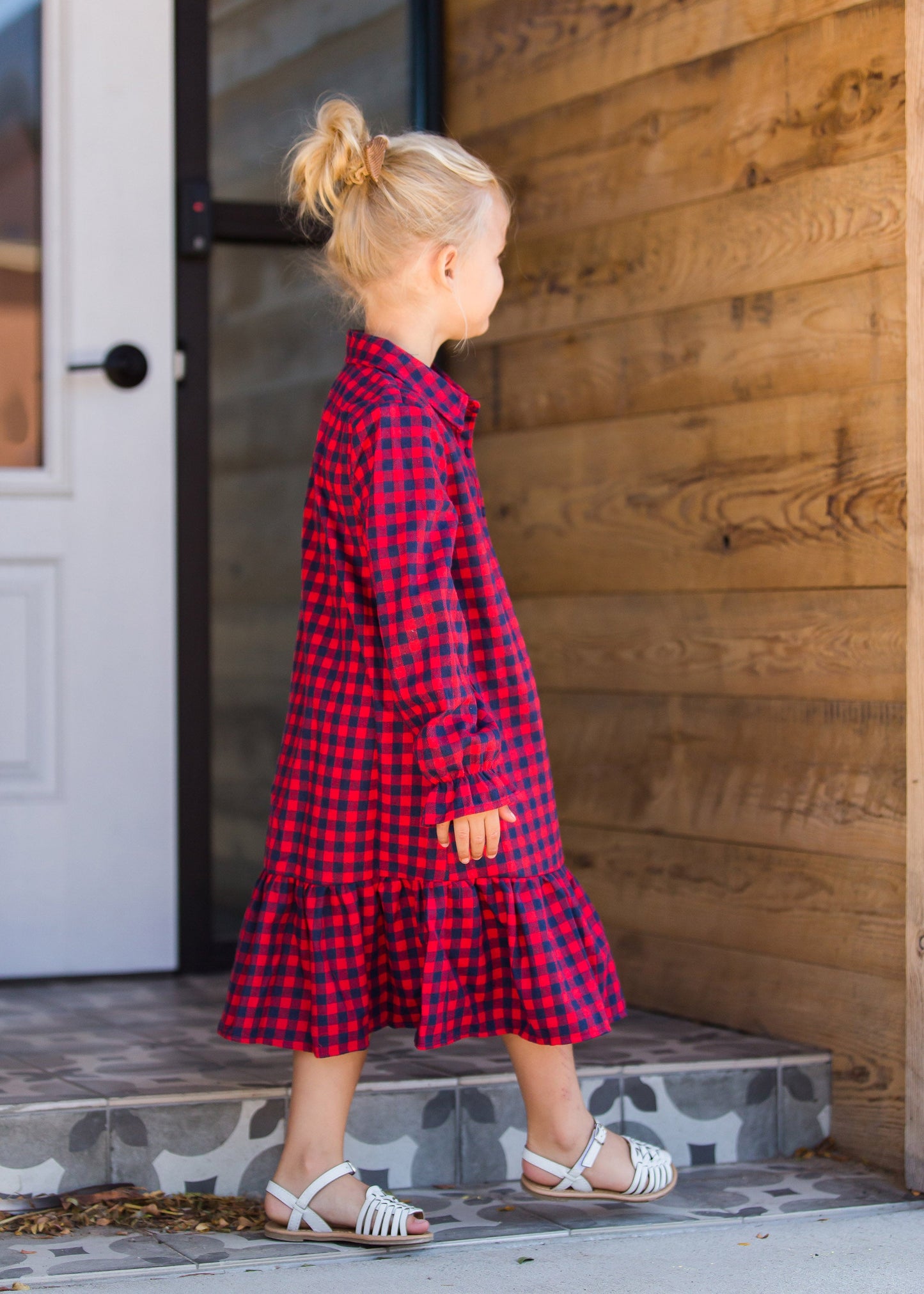 Girls black and red checkered ruffle detail midi dress