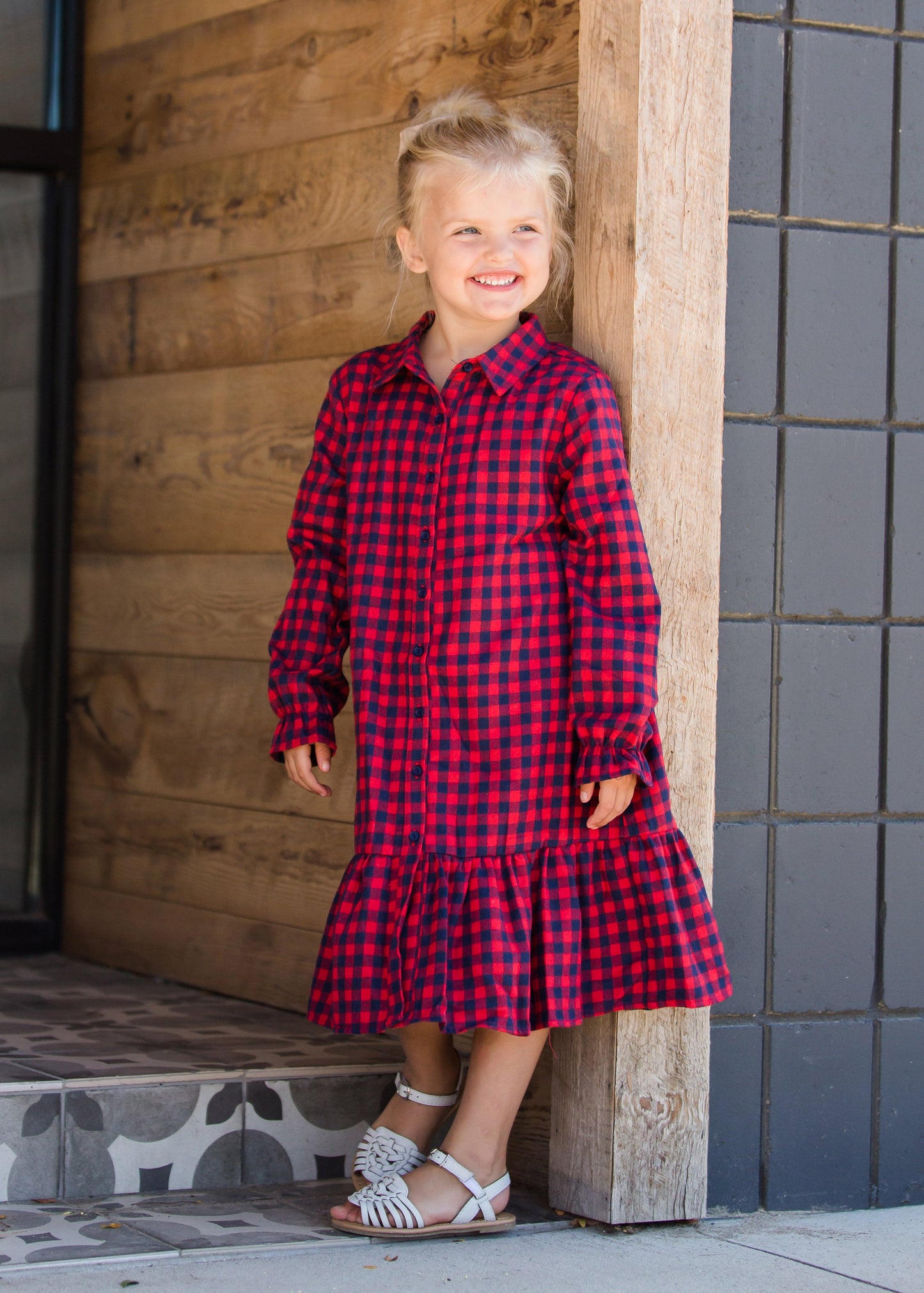 Girls black and red checkered ruffle detail midi dress