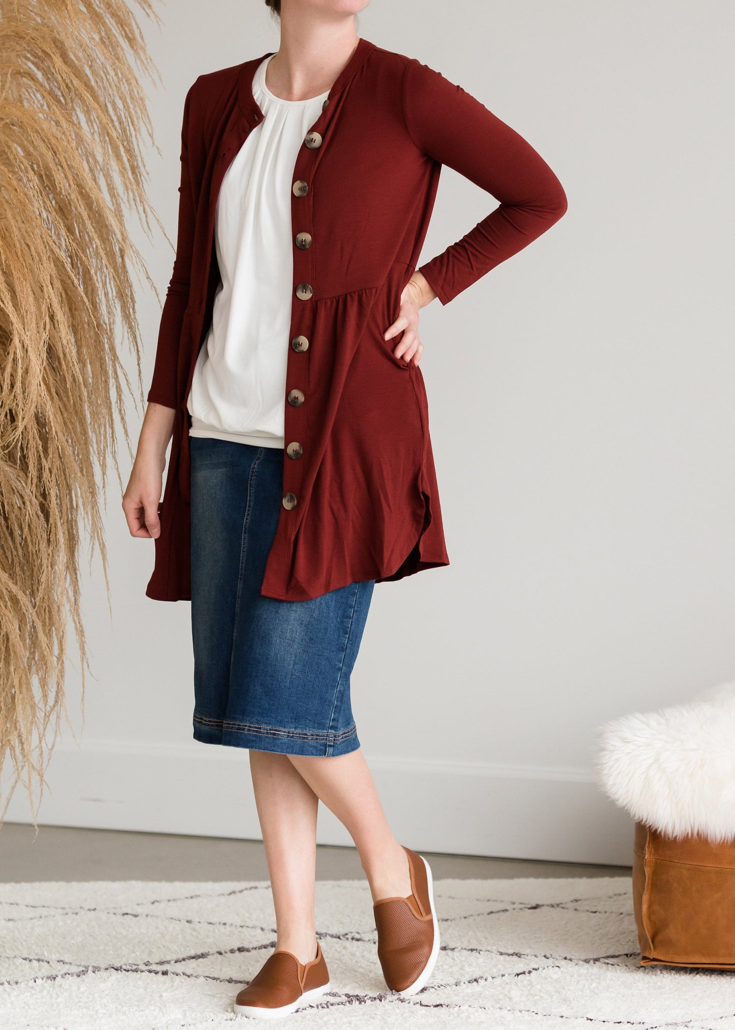Button Front Shirred Waist Cardigan - FINAL SALE Layering Essentials