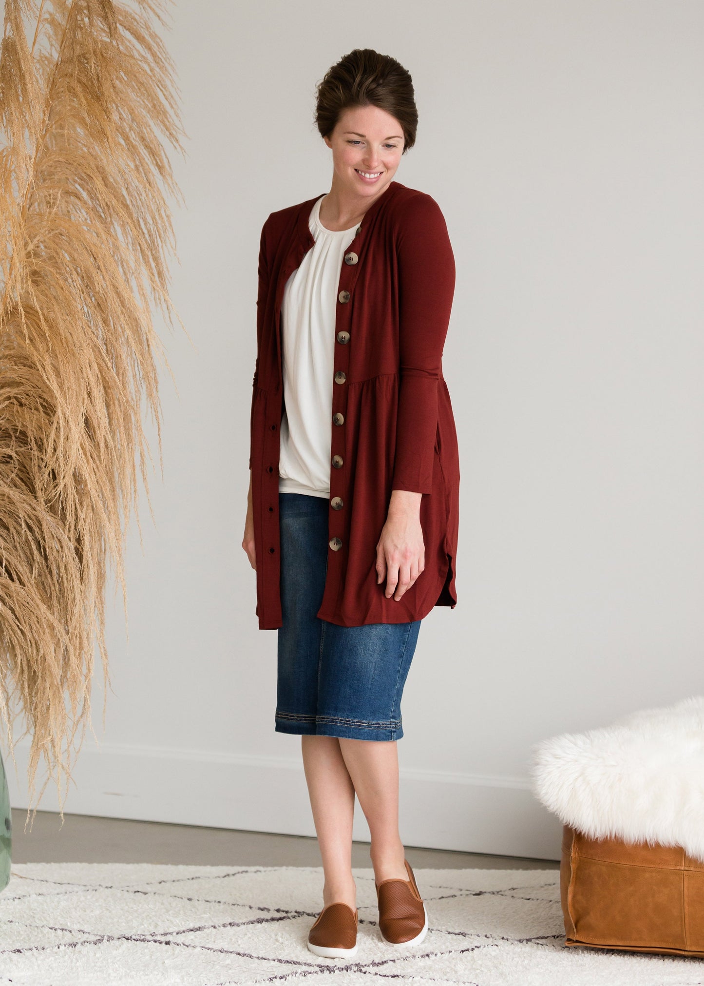 Button Front Shirred Waist Cardigan - FINAL SALE Layering Essentials