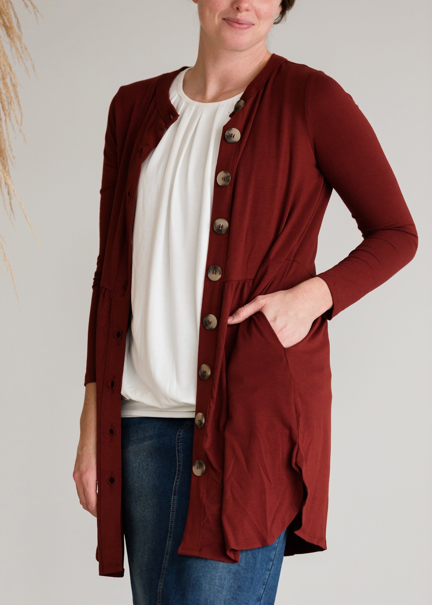 Button Front Shirred Waist Cardigan - FINAL SALE Layering Essentials