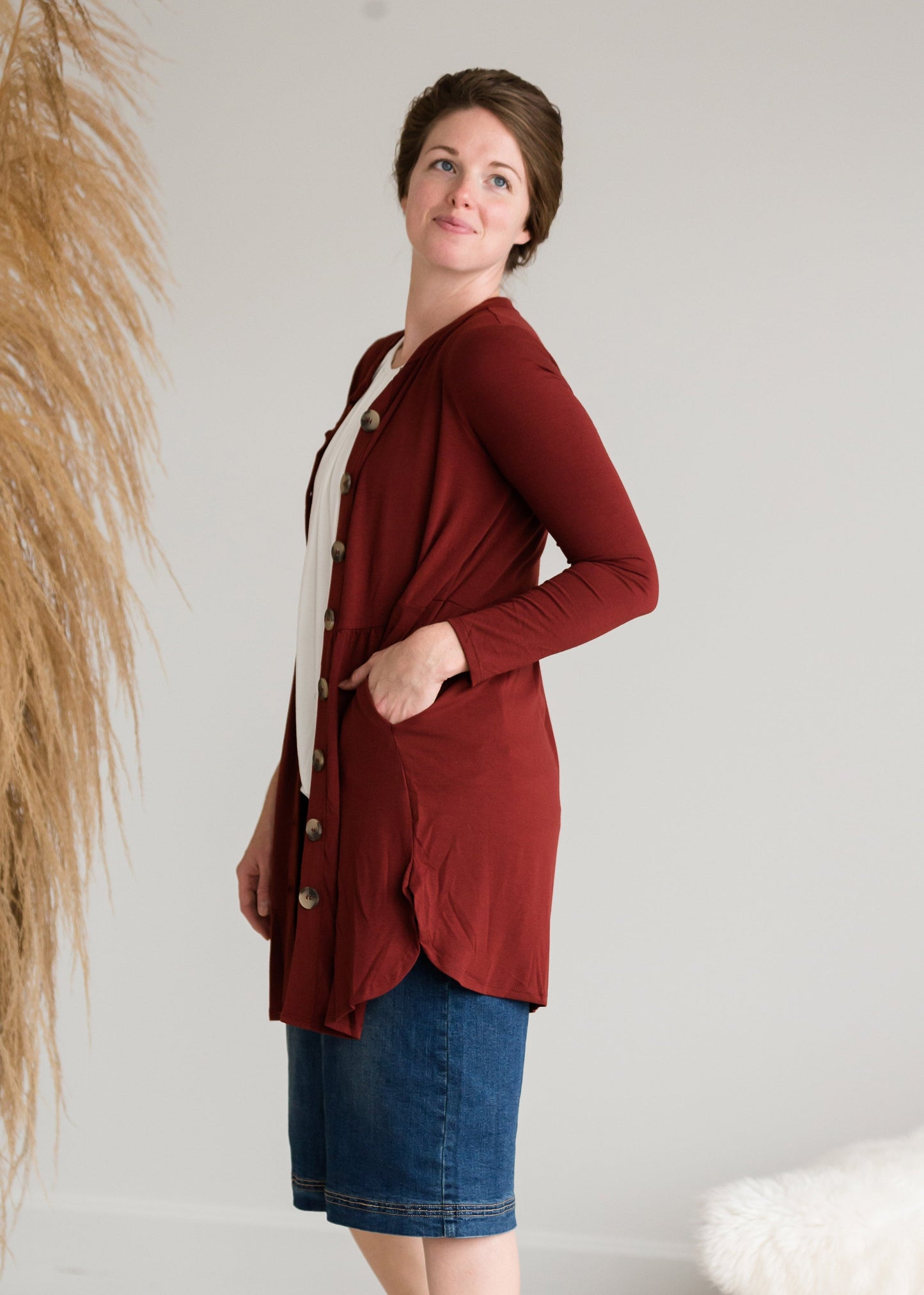 Button Front Shirred Waist Cardigan - FINAL SALE Layering Essentials