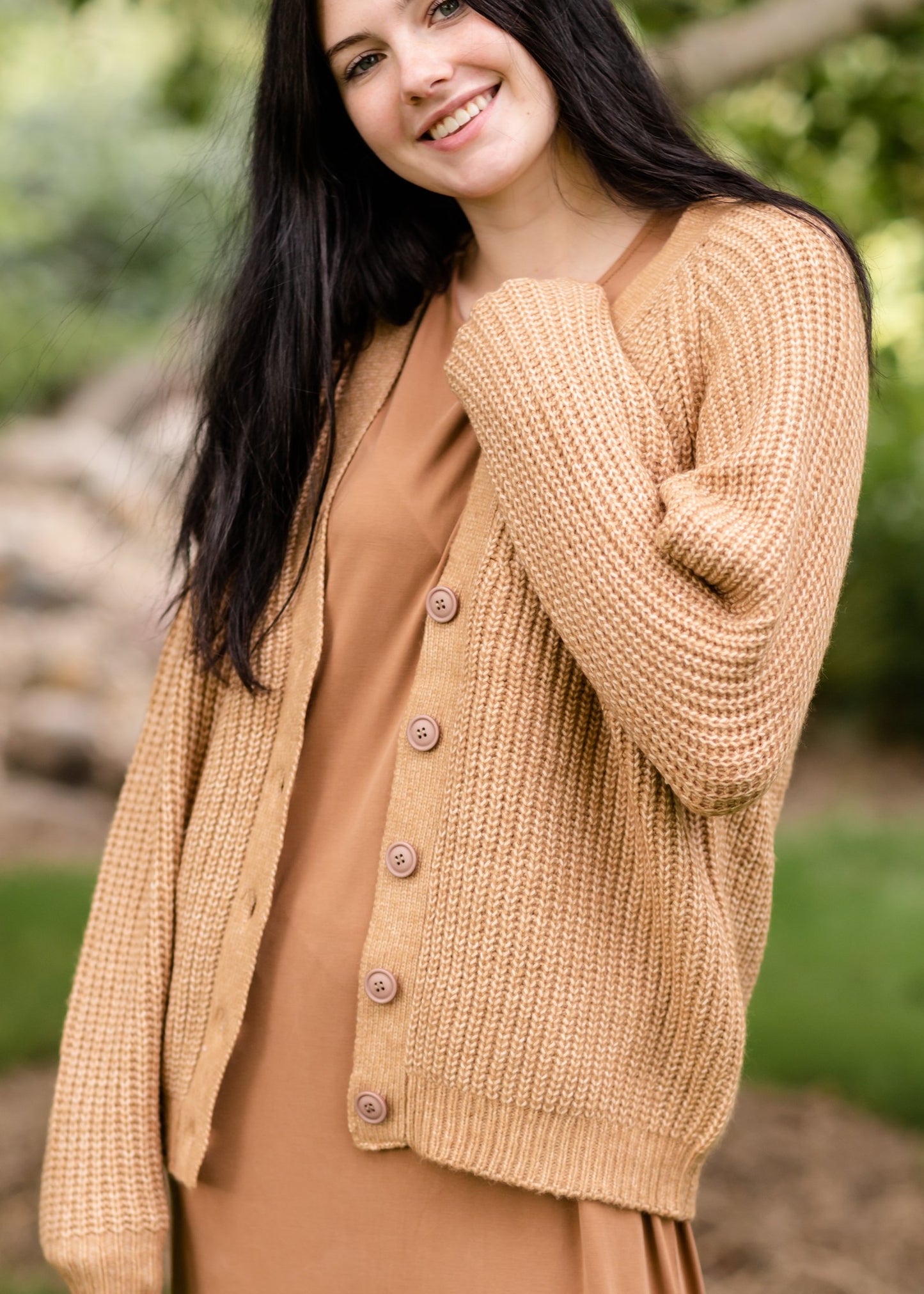 Button Front V-Neck Raglan Long Sleeve Heavy Cardigan Tops Staccato