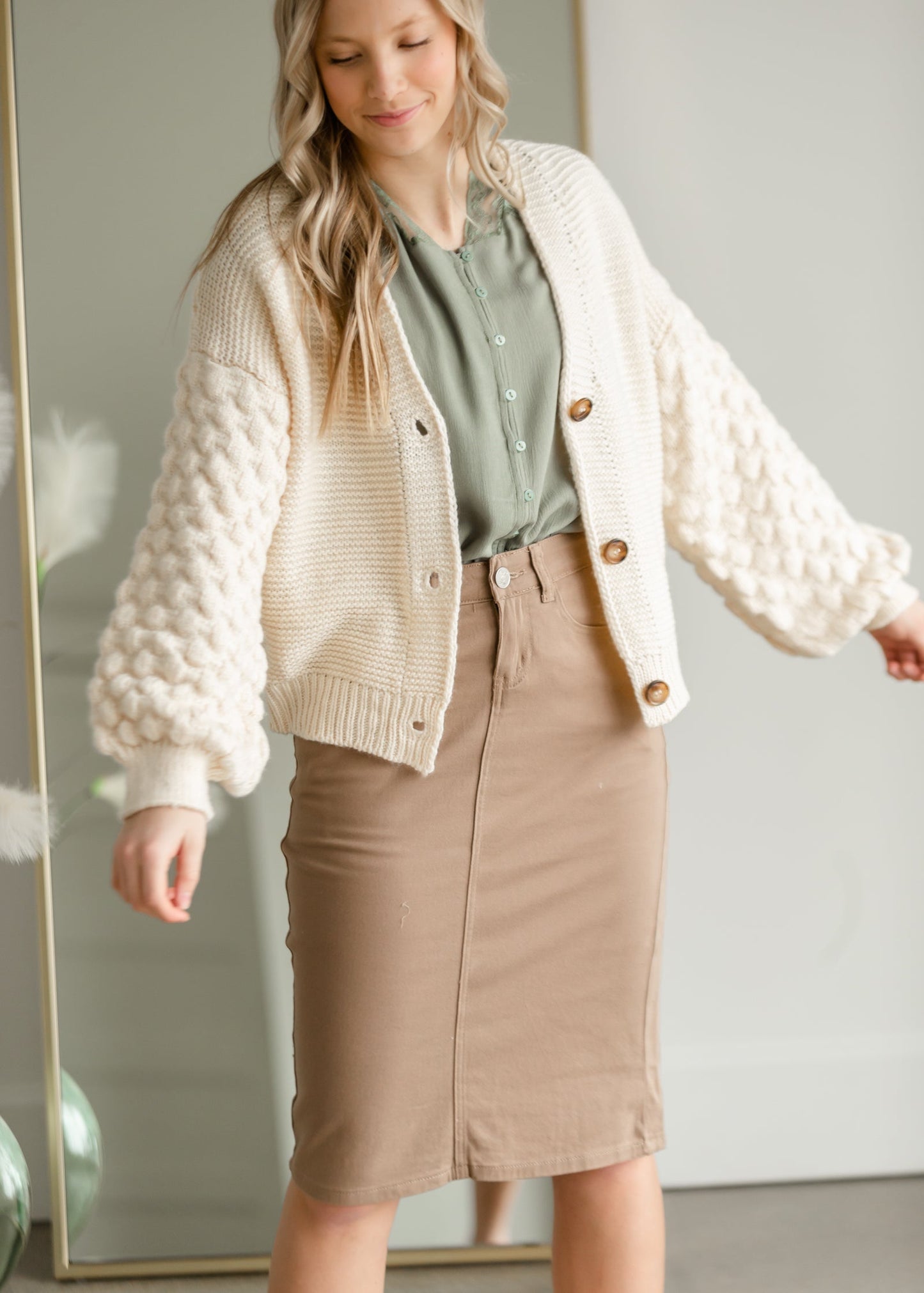 Button Up Balloon Sleeve Cardigan Tops pOLA