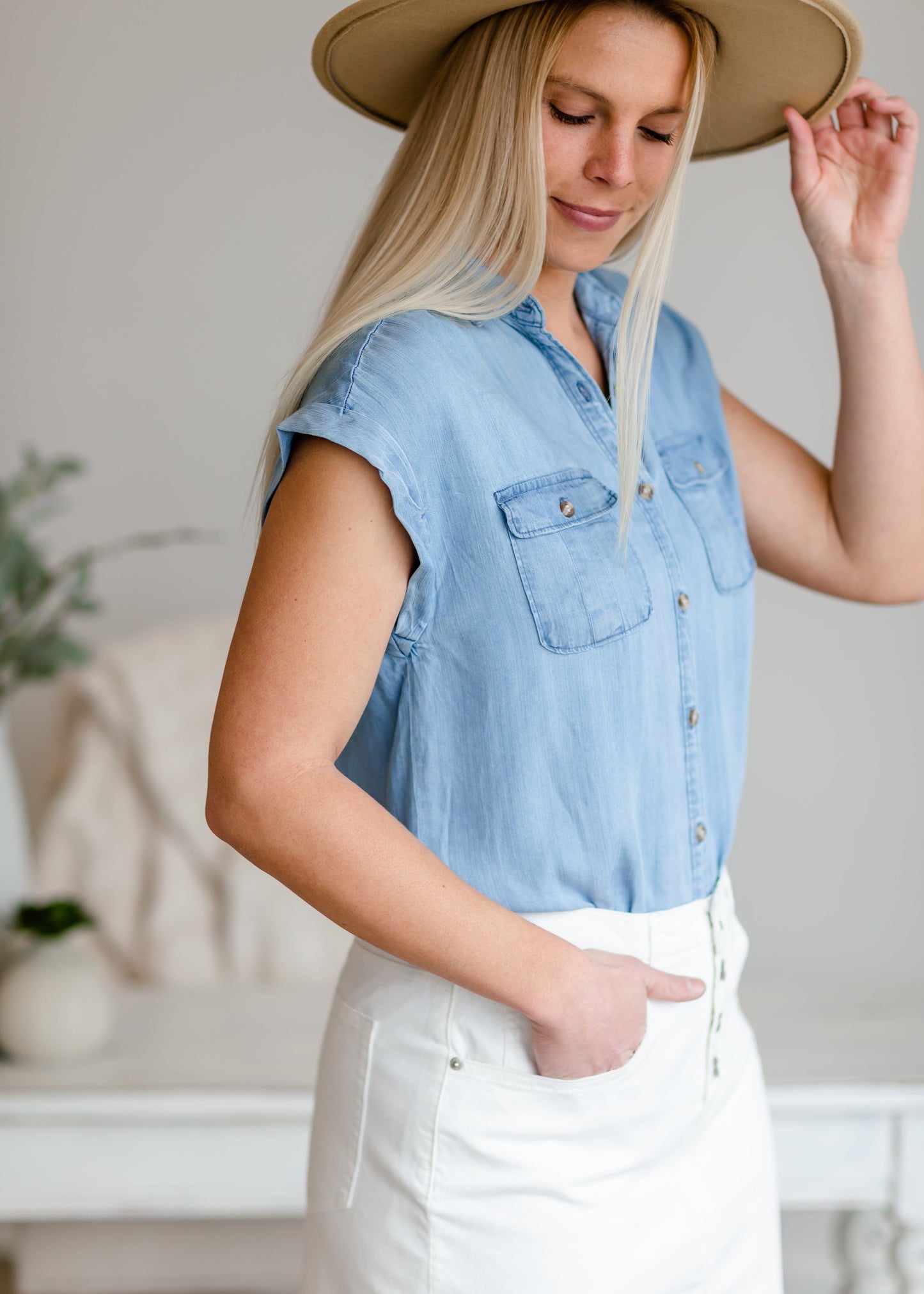 Button Up Pocket Chambray Top Tops
