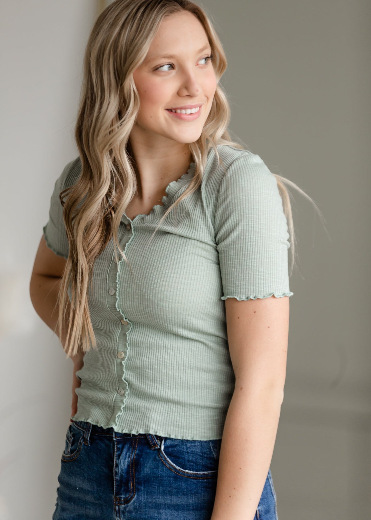 Button Up Ruffle Sleeve Top Shirt Polagram